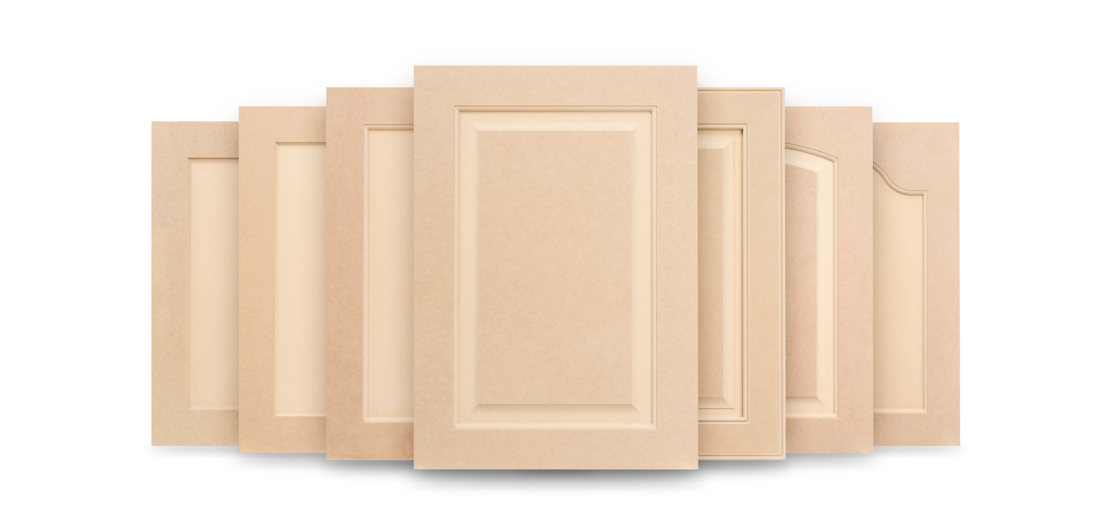 MDF cabinet doors collection in various styles — Shaker, Raised Panel, and Arched designs, crafted in the USA for painting and custom cabinetry projects.