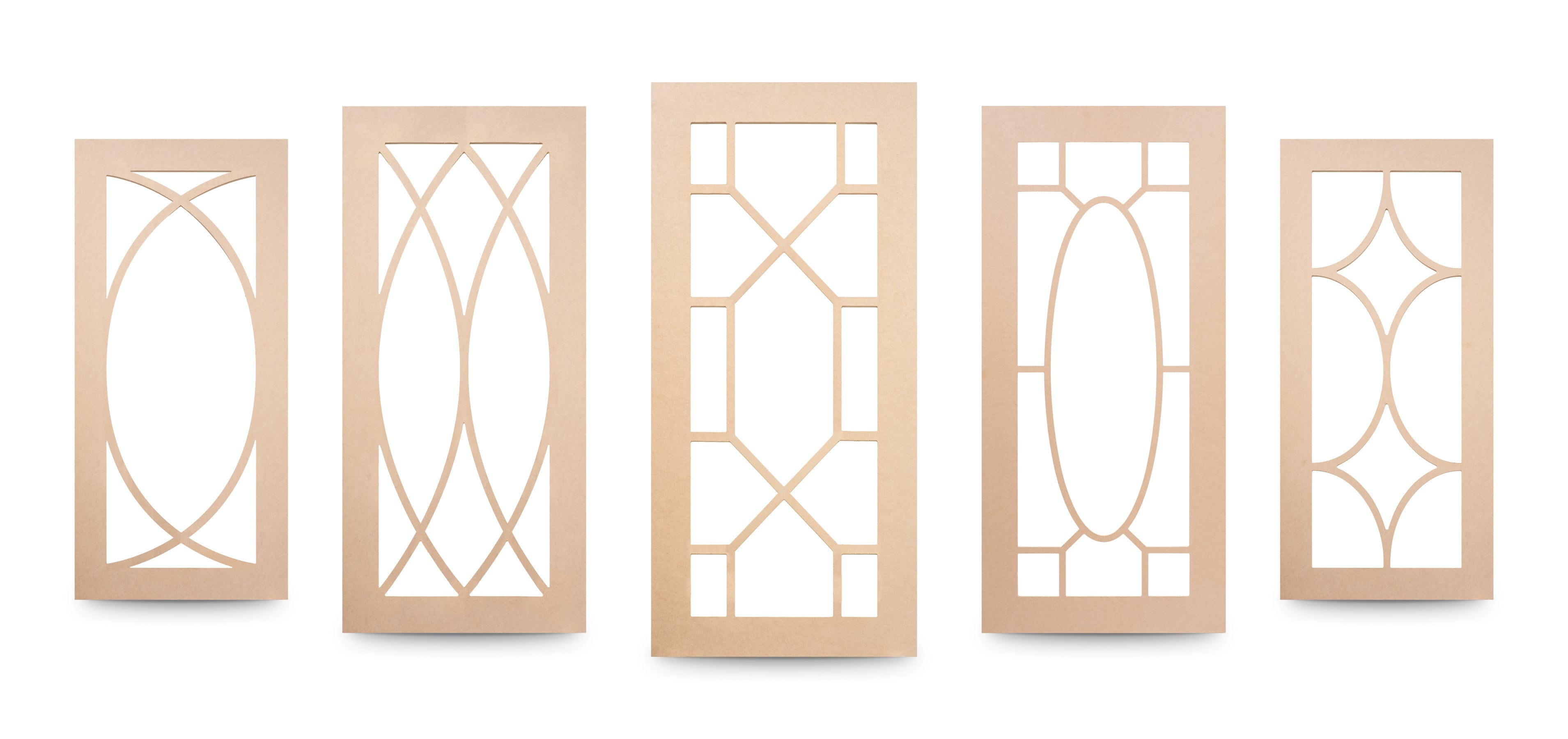 MDF Mullion Glass-Ready Cabinet Door Frames in various styles — Double Elliptical, Single Elliptical, Keystone, Ornamental Oval, and Diamond Swag, crafted for glass inserts.