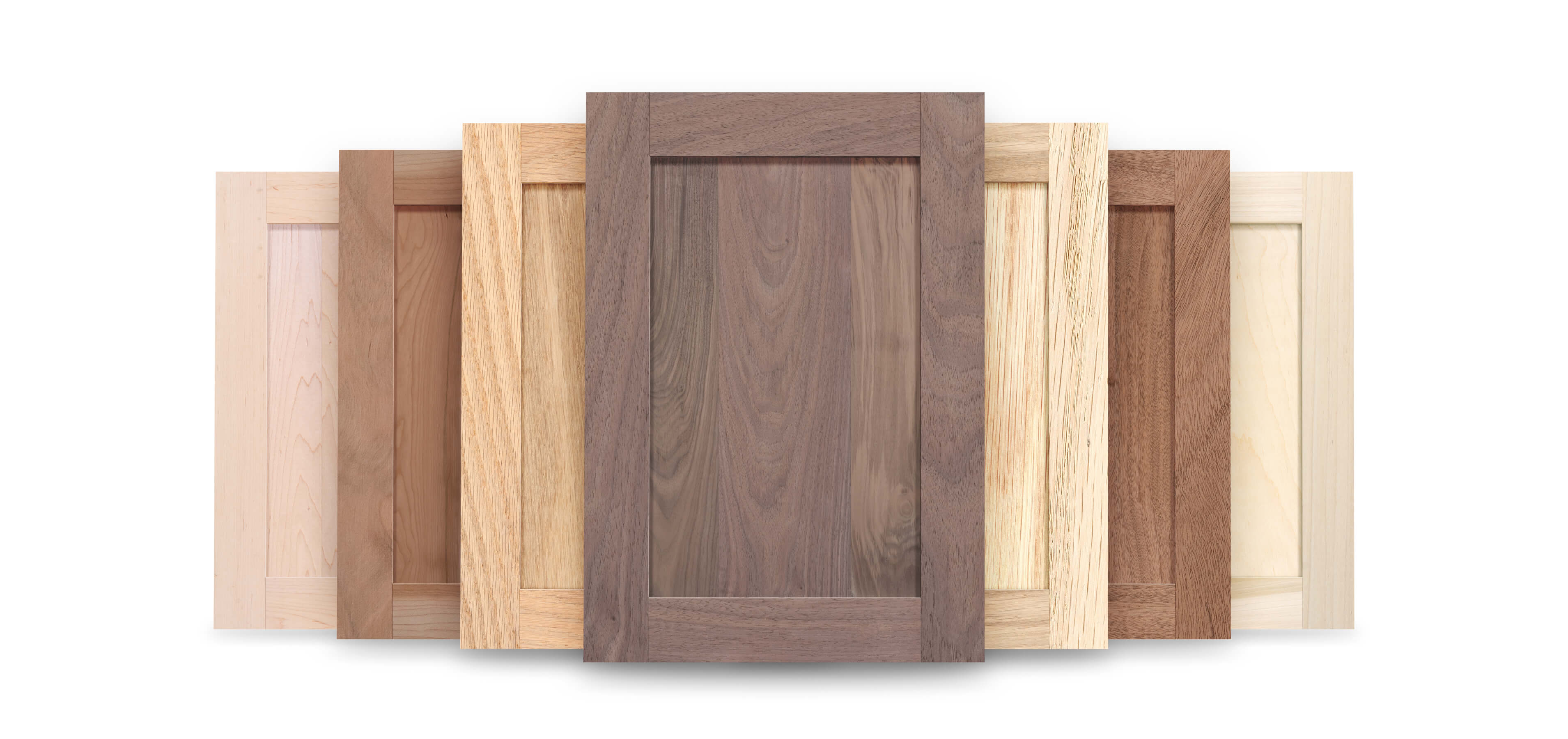 Solid wood Shaker cabinet doors collection in various wood species — Maple, Cherry, Red Oak, White Oak, Walnut, and Poplar, showcasing natural grain and craftsmanship.