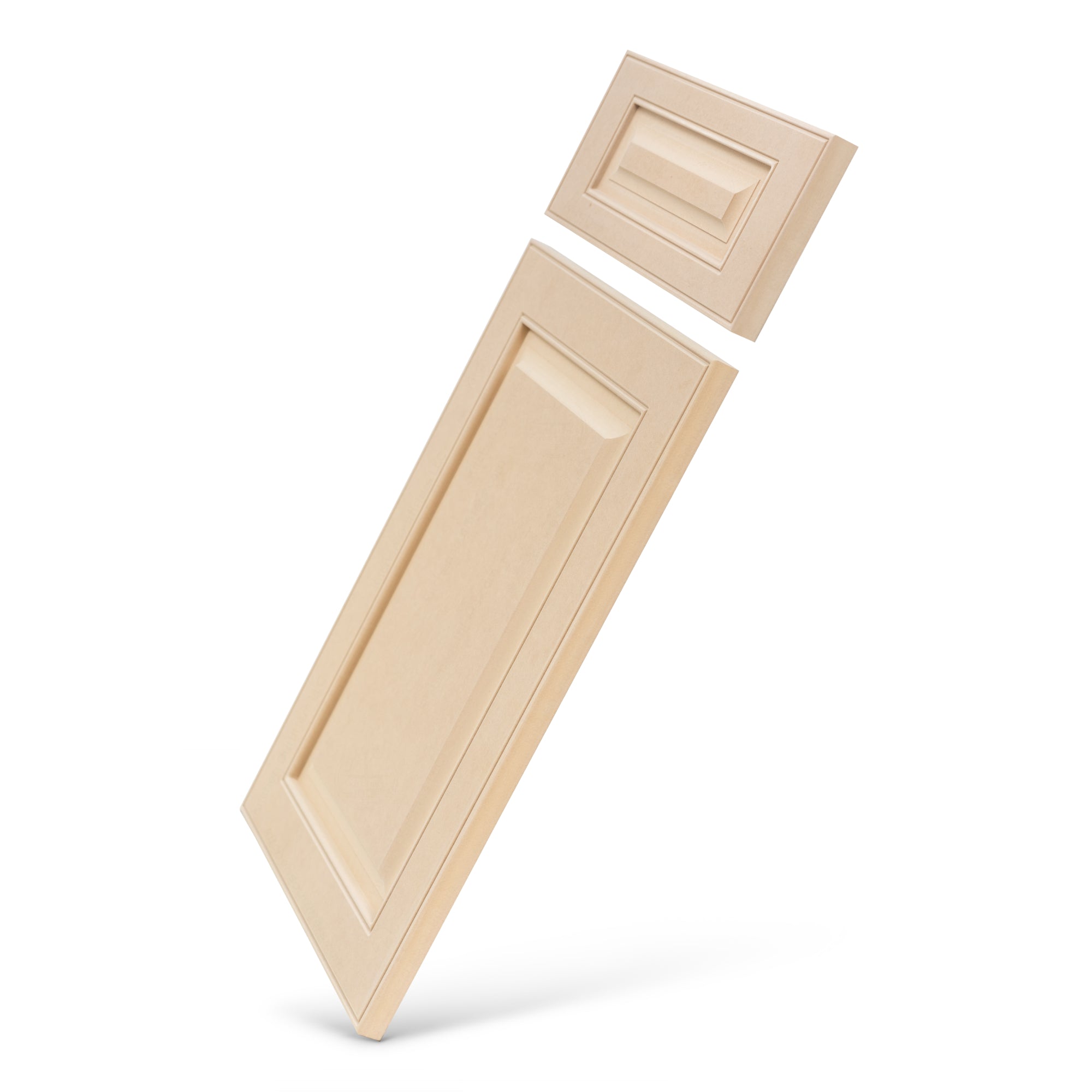 Angled perspective of Madison Raised Panel MDF cabinet door with matching drawer front, unfinished for painting or custom finish