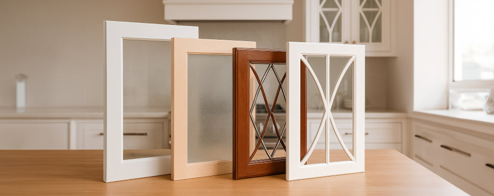 Four custom glass cabinet door frames in various wood and MDF styles displayed on a wooden countertop in a modern kitchen interior.