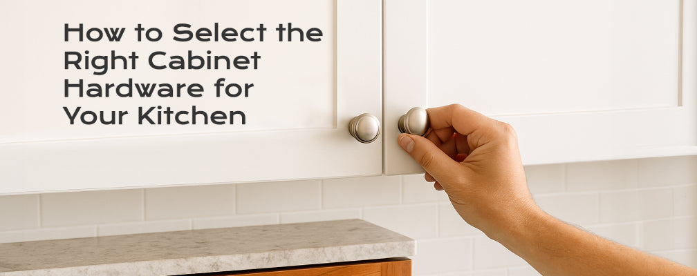 Hand opening white shaker cabinet with nickel knobs above cherry drawer — modern kitchen showing contrast in hardware styles.
