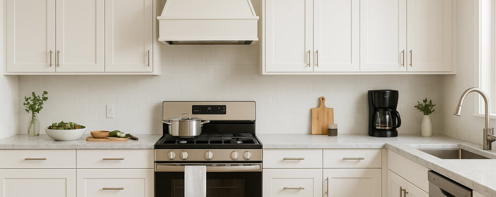 Modern kitchen with white Shaker cabinet doors, stainless steel stove, and minimalist design – custom wood cabinetry by Kitchen Outfitters.