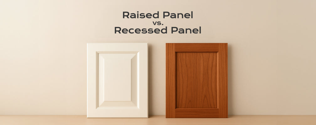 White raised panel and cherry recessed panel cabinet doors side by side — comparison of traditional and modern kitchen door styles.