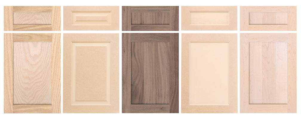Assortment of timeless kitchen cabinet door styles including Shaker, Raised Panel, Beaded, Slab, and Recessed Bead designs in MDF and solid wood.
