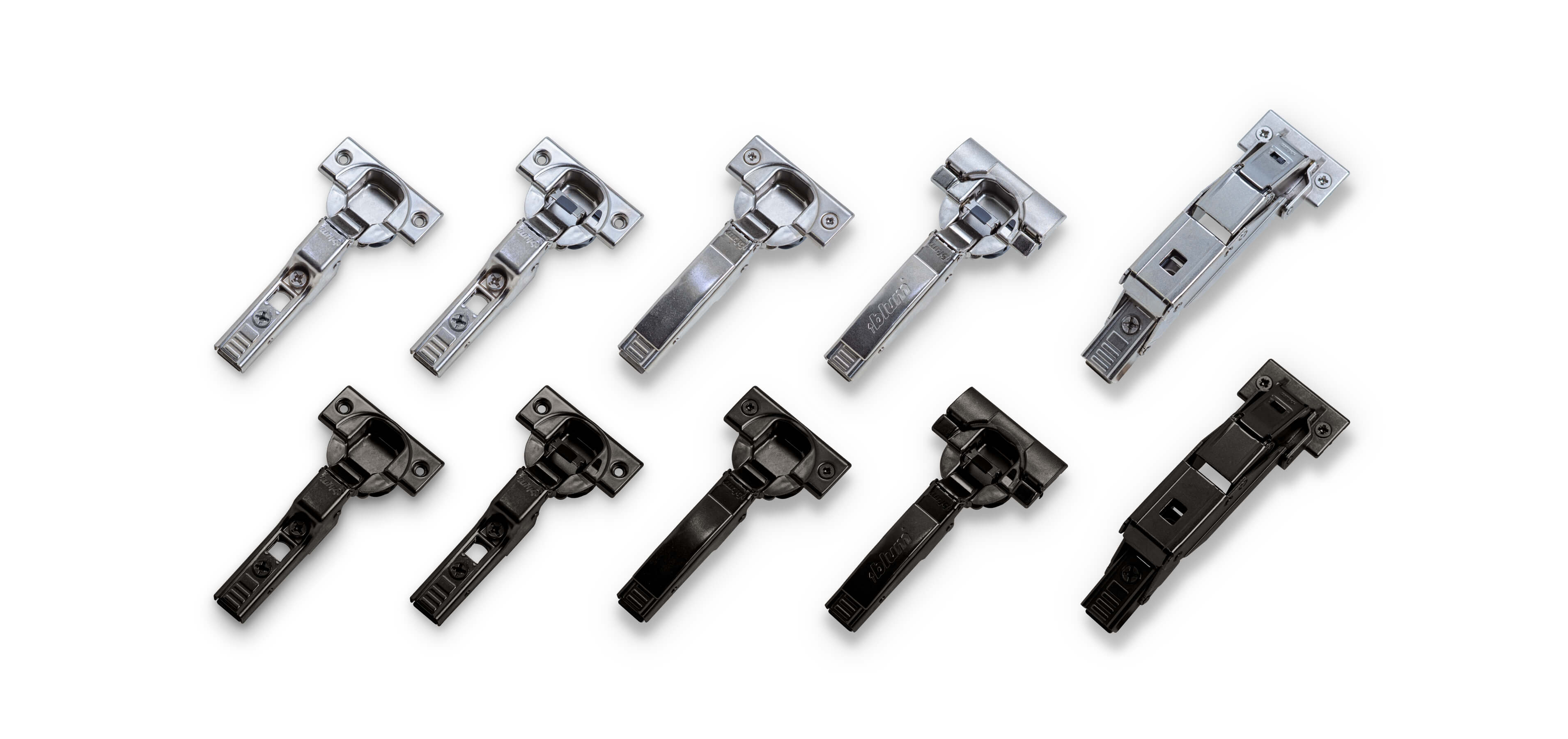 Assorted cabinet hinges in chrome and black finishes on a dark background—overlay, inset, and soft-close types.