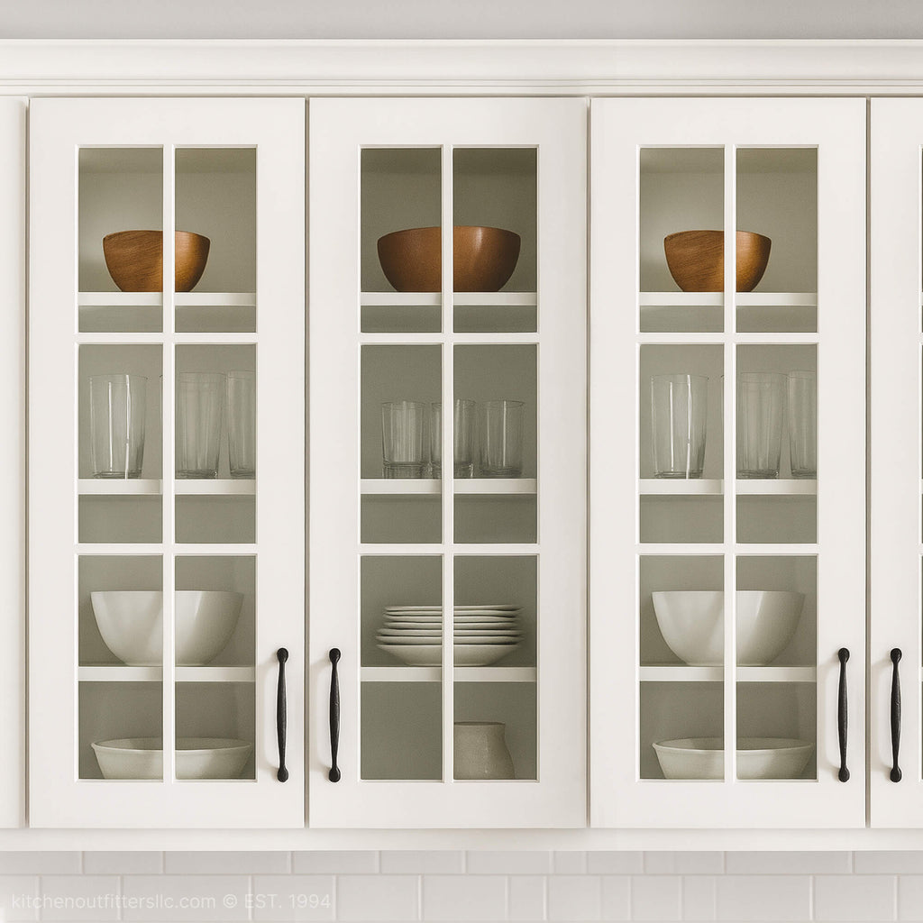 White kitchen cabinets with 6-light grid mullion glass doors featuring divided glass panels and classic design