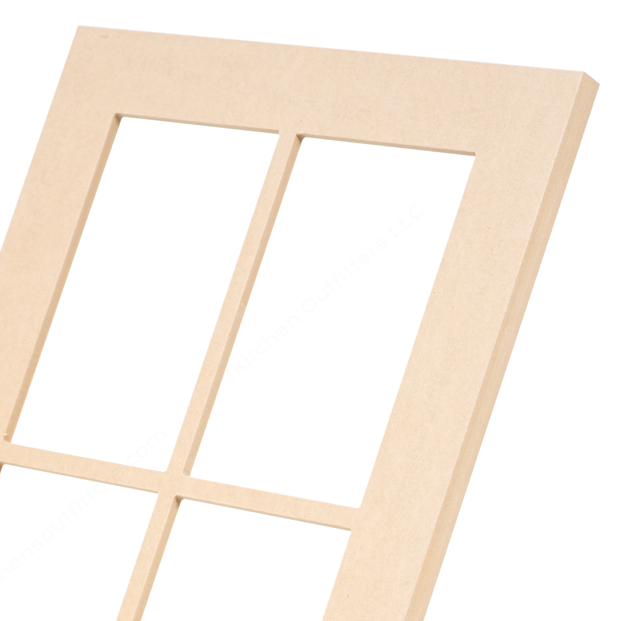 Close-up side view of 6-light grid mullion glass-ready cabinet door frame showing MDF edges and smooth finish.