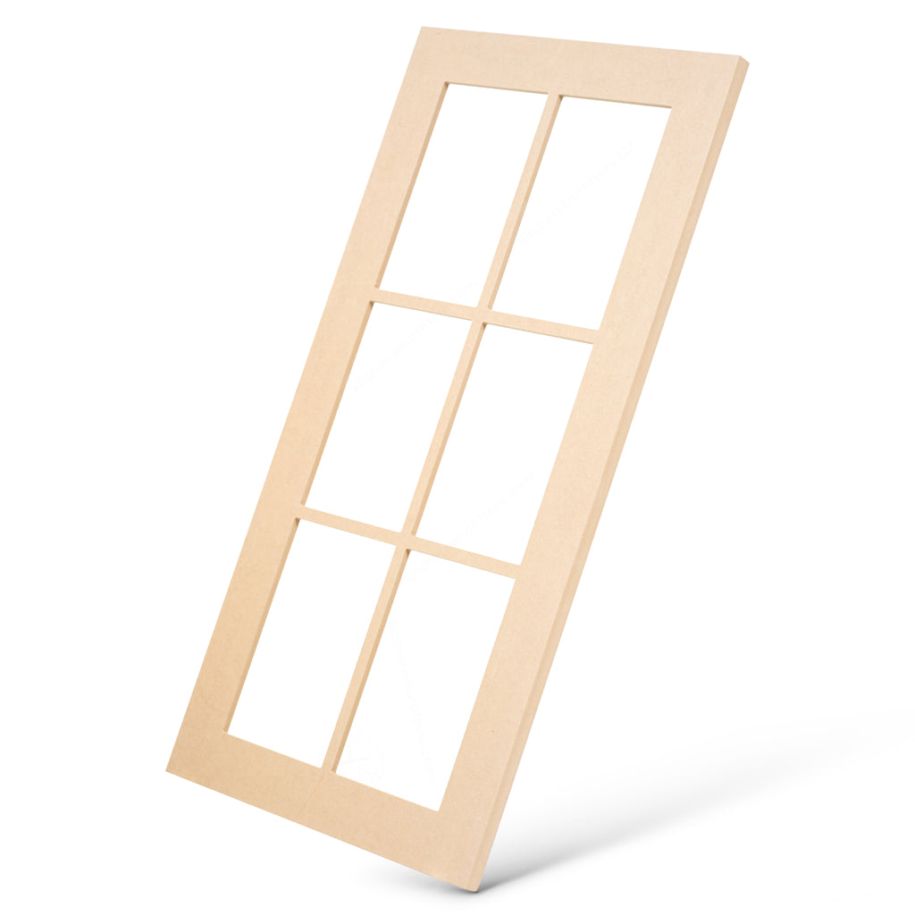 Angled side view of 6-light grid mullion glass-ready cabinet door frame in MDF, ready for glass installation.