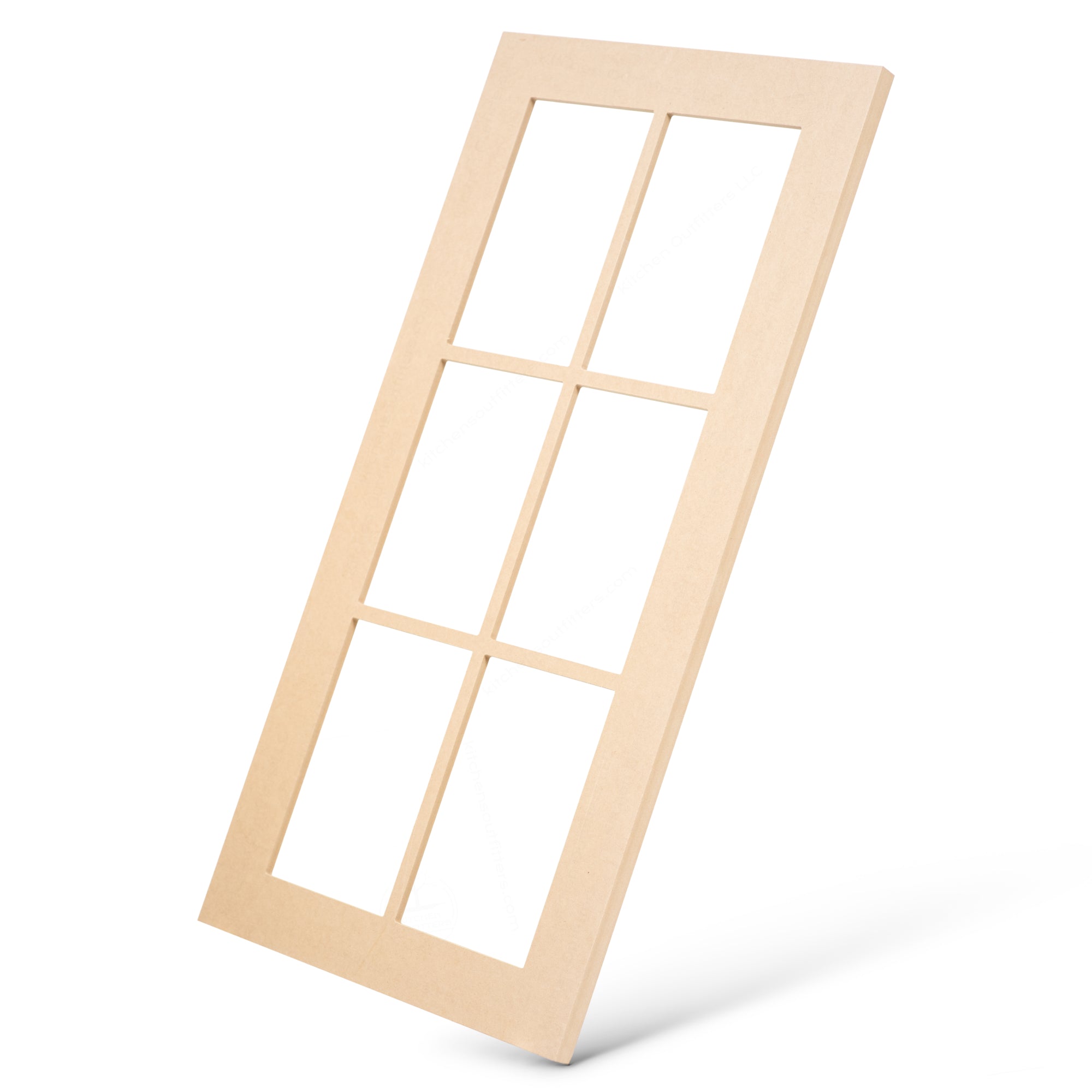 Angled side view of 6-light grid mullion glass-ready cabinet door frame in MDF, ready for glass installation.