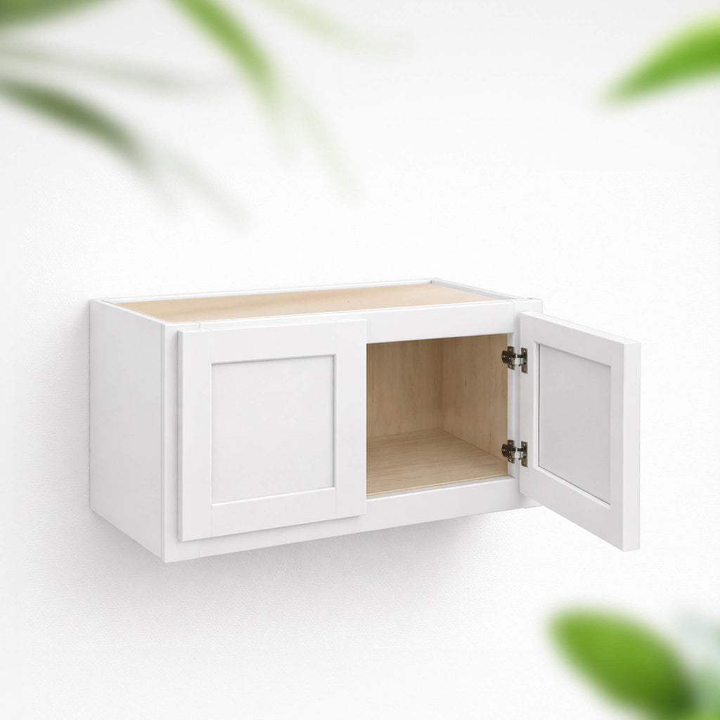 White double door wall cabinet 12 inch height and 12 inch depth with solid wood face frame, plywood interior and soft-close hinges