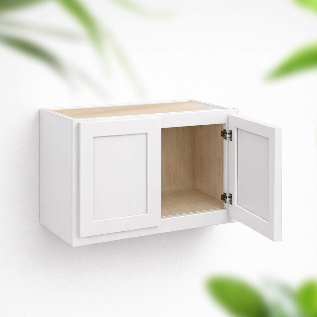 White double door wall cabinet 15 inch height and 12 inch depth with solid wood face frame, plywood interior and soft-close hinges