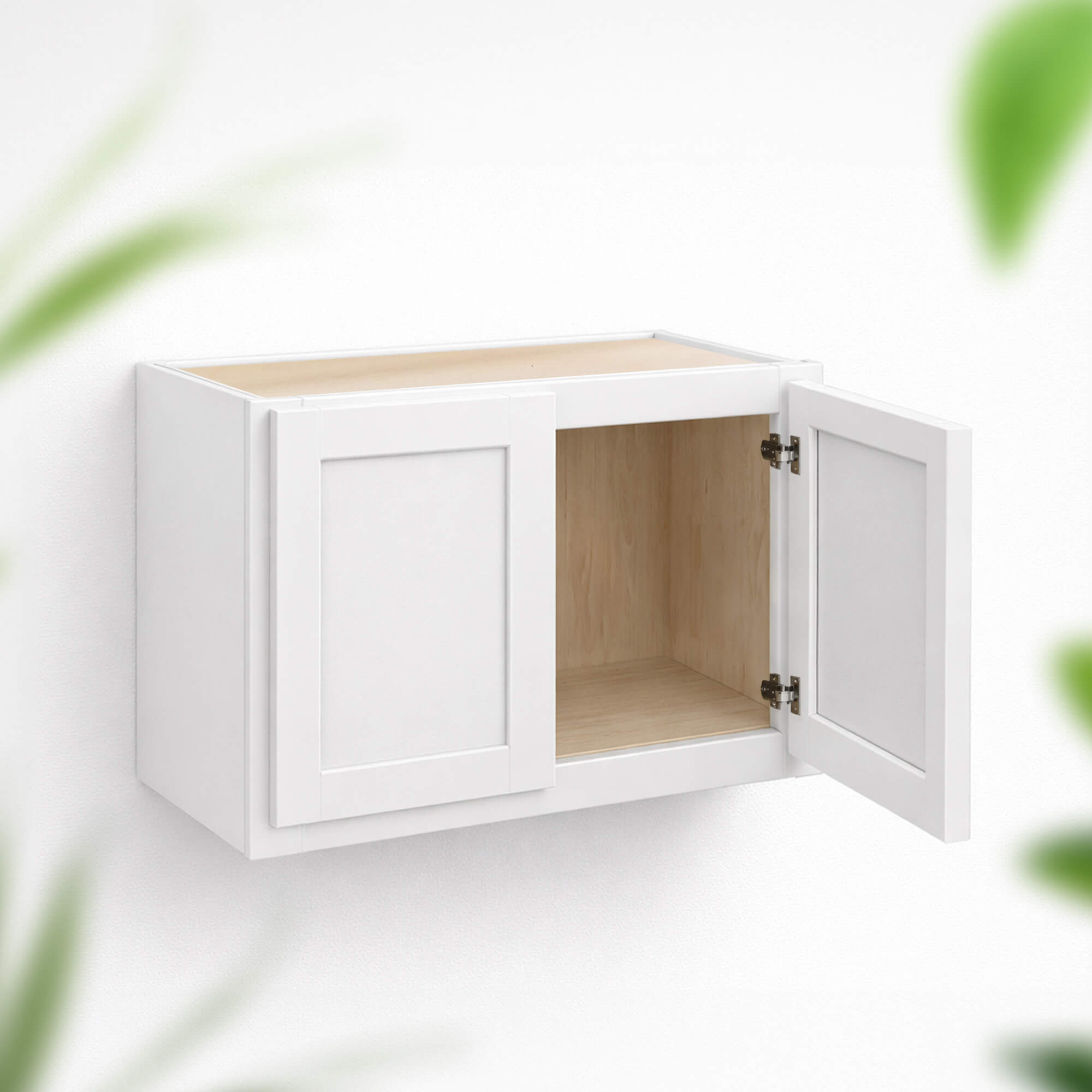 White double door wall cabinet 18 inch height and 12 inch depth with solid wood face frame, plywood interior and soft-close hinges