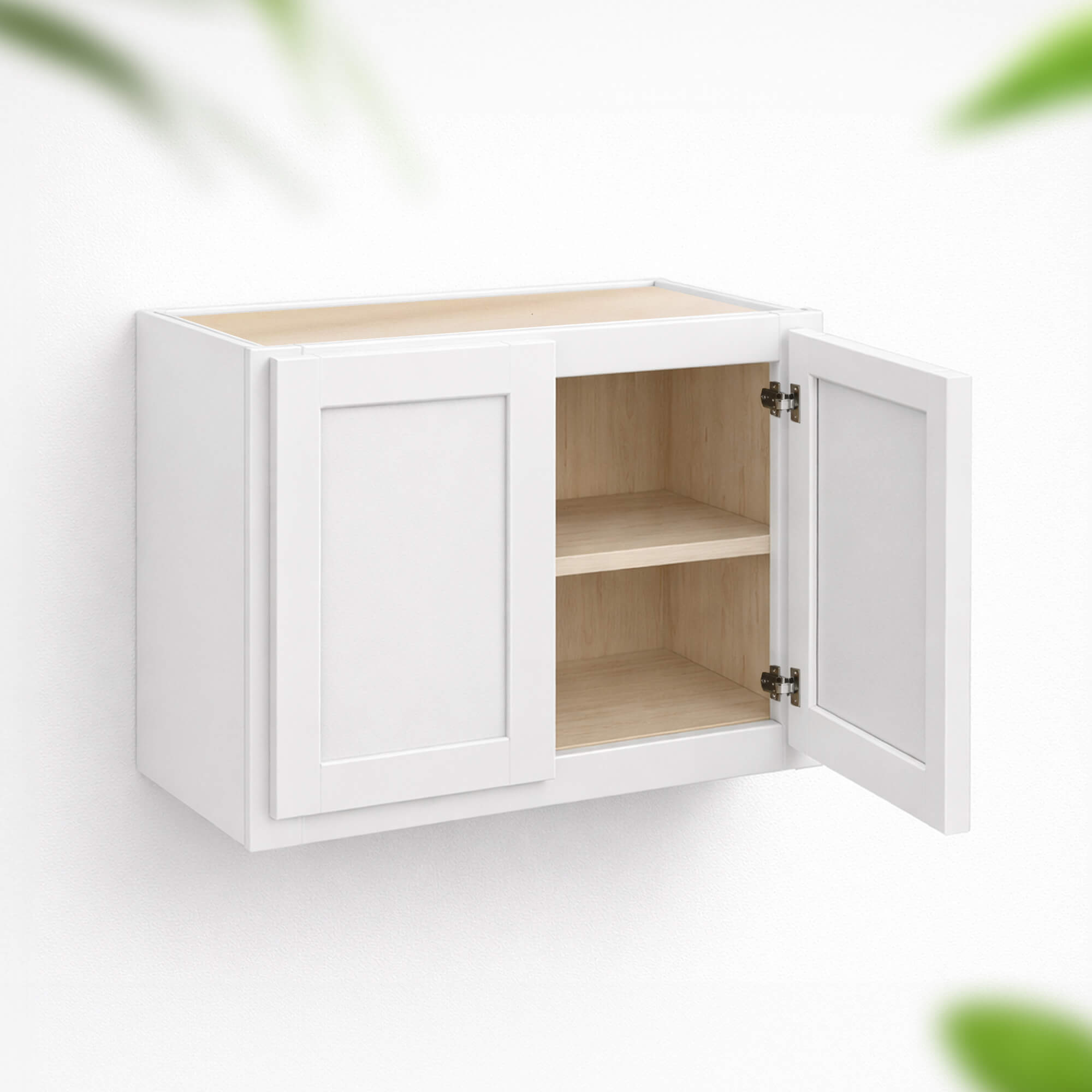 White double door wall cabinet 24 inch height and 12 inch depth with solid wood face frame, plywood interior, adjustable shelf and soft-close hinges