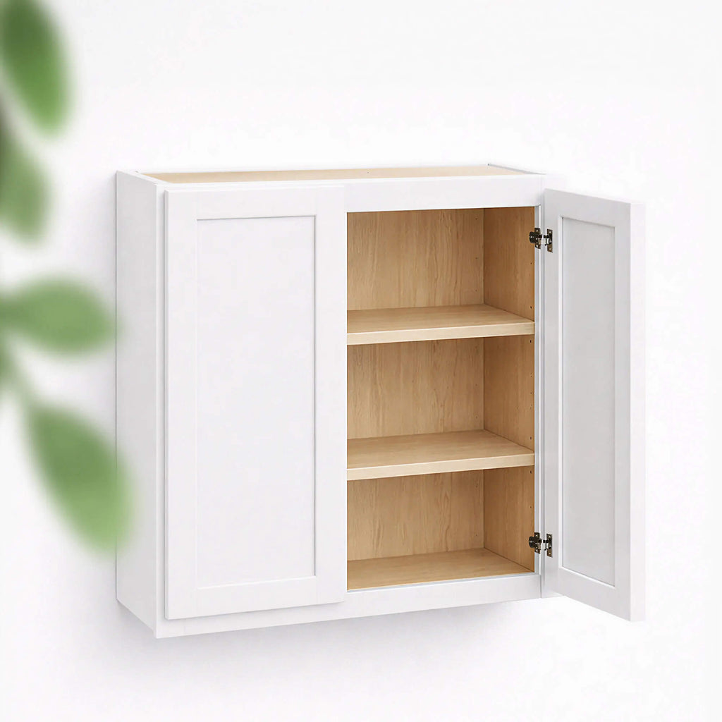 White double door wall cabinet 36 inch height and 12 inch depth with solid wood face frame, plywood interior, adjustable shelves and soft-close hinges