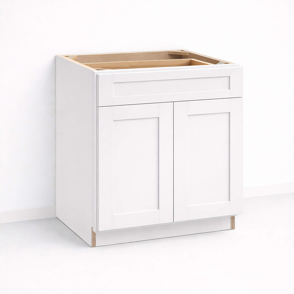 Base cabinet with one top drawer and two closed Shaker doors, 34 1/2 inch height and 24 inch depth.