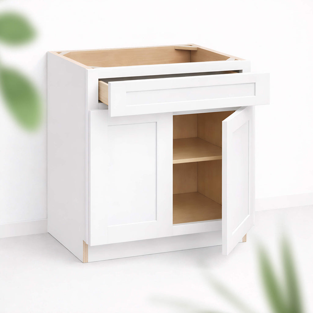Base cabinet with one full-width top drawer and two Shaker doors partially open, 34 1/2 inch height and 24 inch depth.