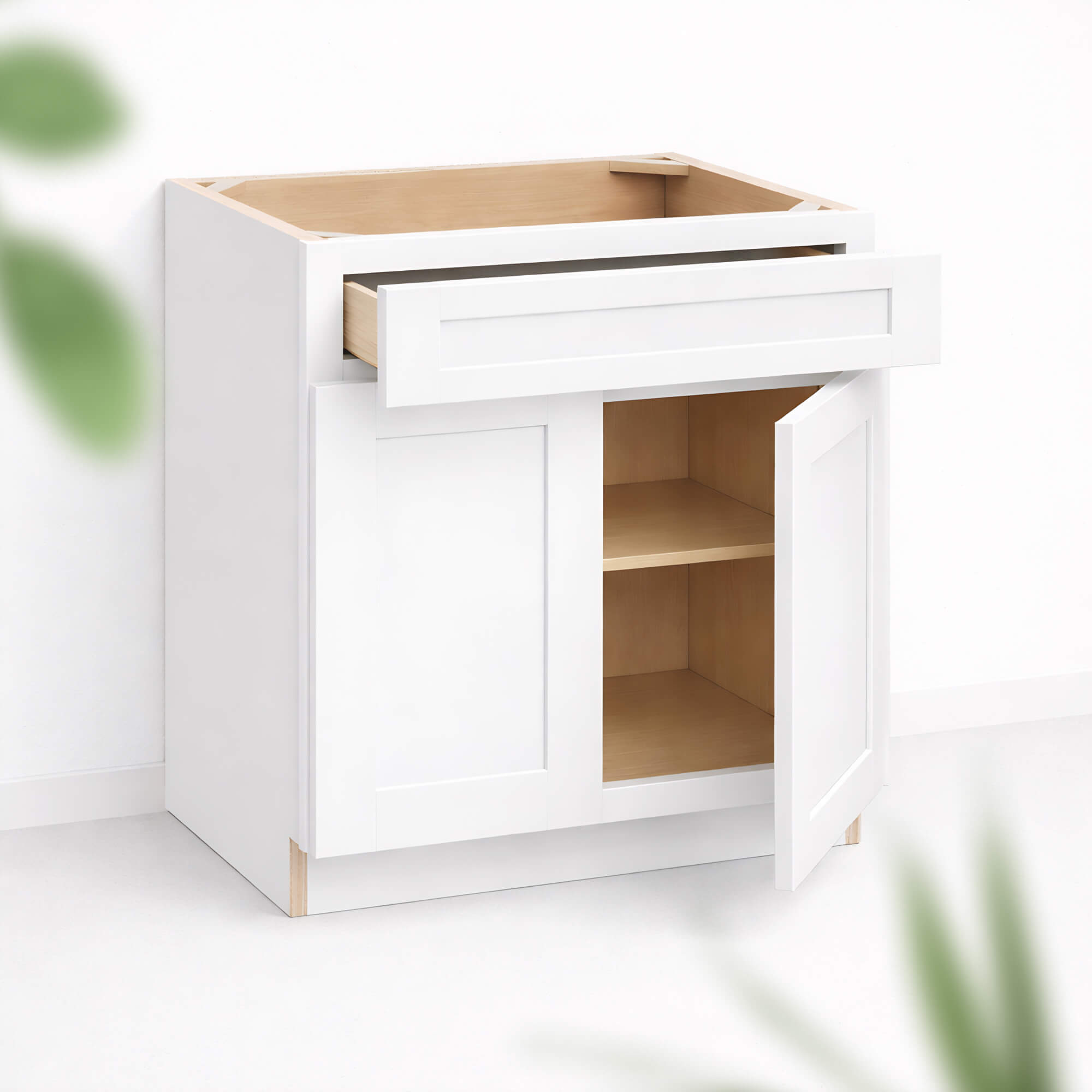 Base cabinet with one full-width top drawer and two Shaker doors partially open, 34 1/2 inch height and 24 inch depth.
