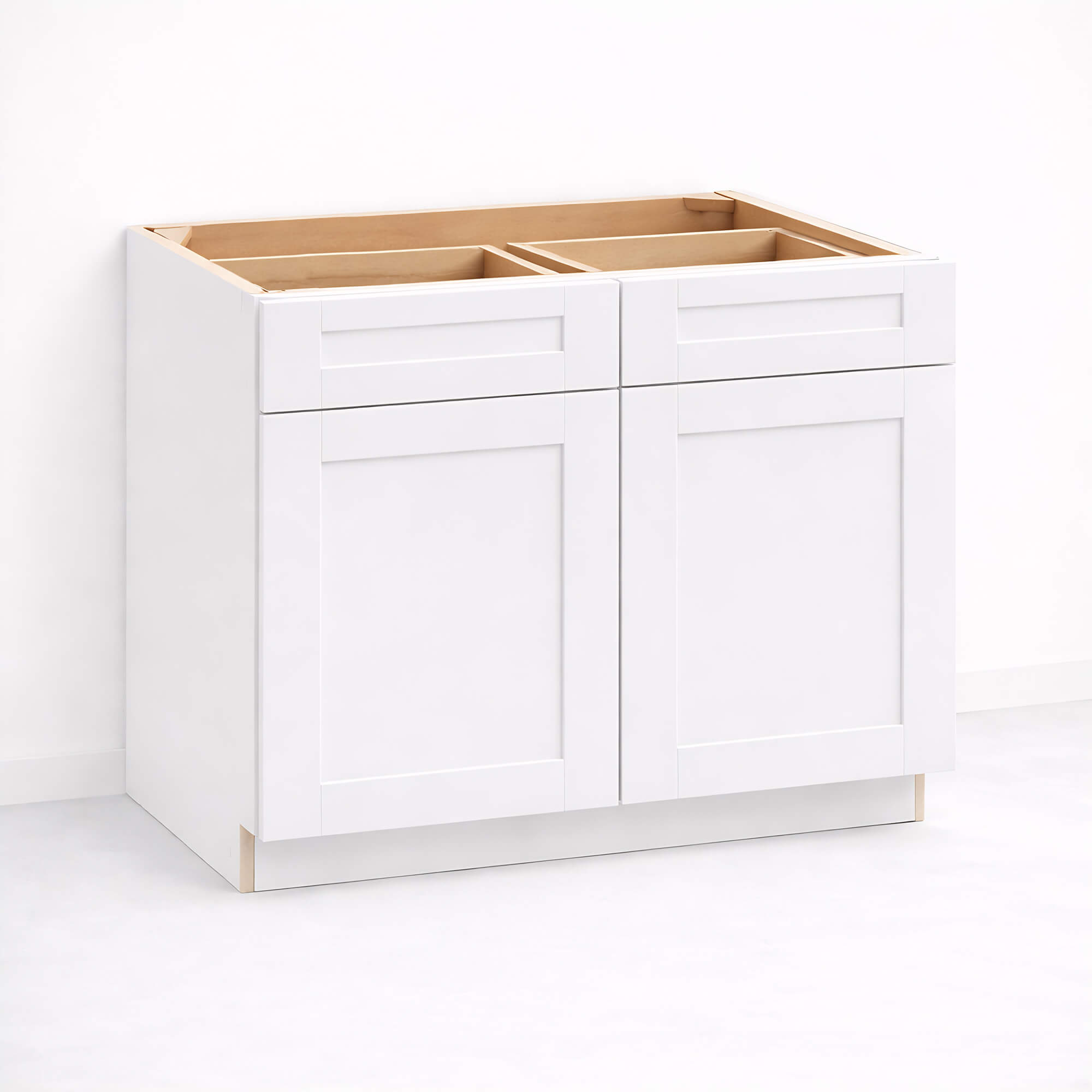 Base cabinet with two closed Shaker doors and one top drawer, 34 1/2 inch height and 24 inch depth, white painted finish, standard base cabinet configuration.