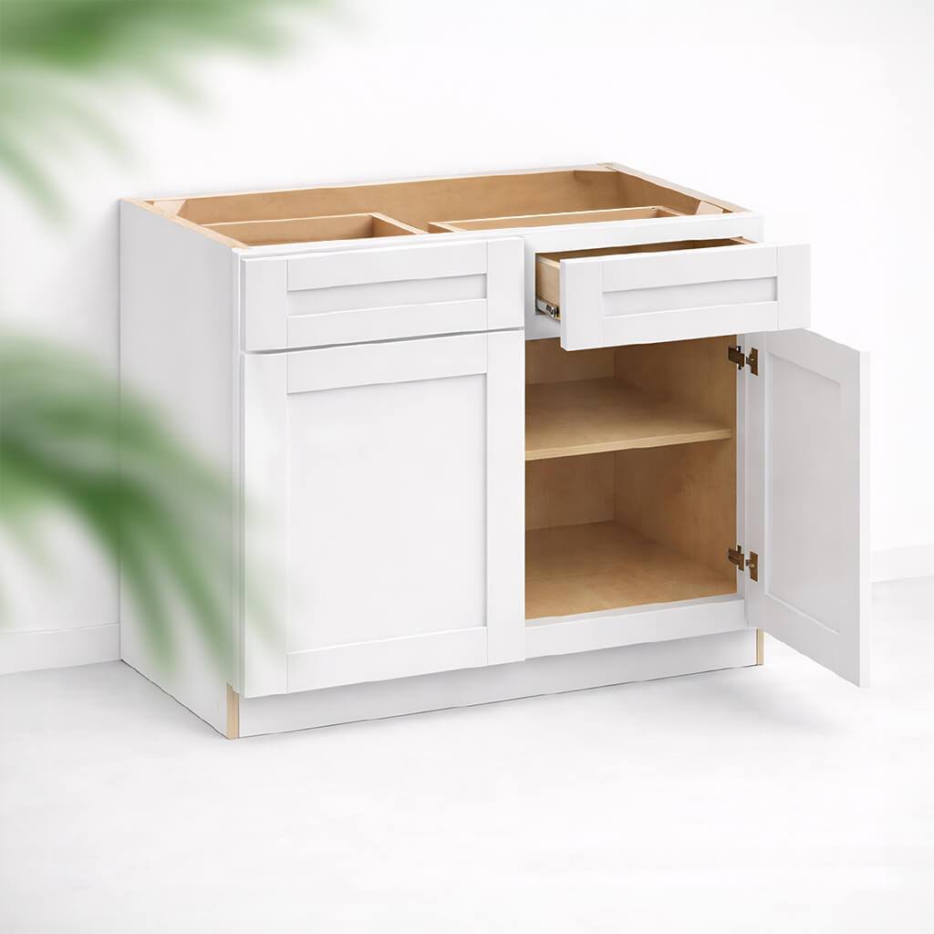 Base cabinet with two Shaker doors and one top drawer, 34 1/2 inch height and 24 inch depth, right door open and drawer partially open, white finish, interior shelves visible.