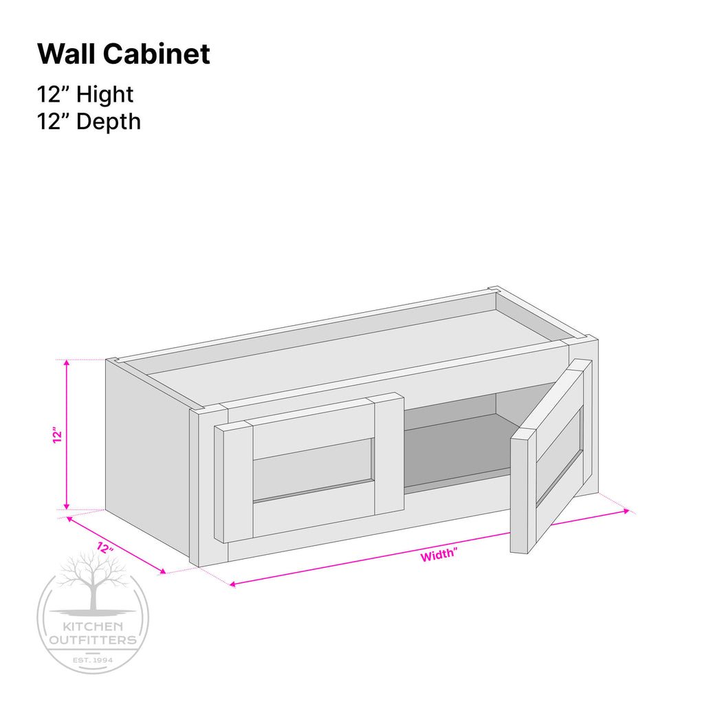 Double door wall cabinet technical drawing – 12 inch height, 12 inch depth, customizable width, face frame construction by Kitchen Outfitters