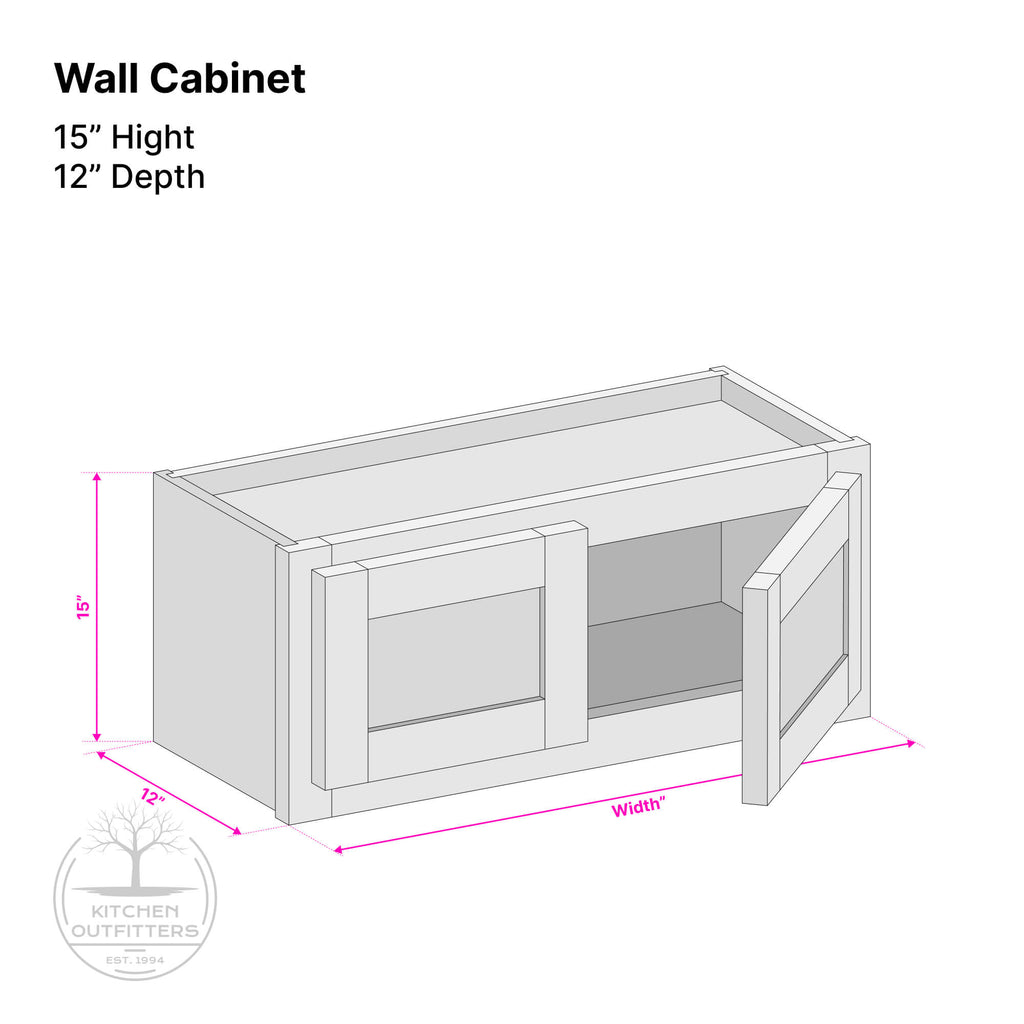 Double door wall cabinet technical drawing – 15 inch height, 12 inch depth, customizable width, face frame construction by Kitchen Outfitters