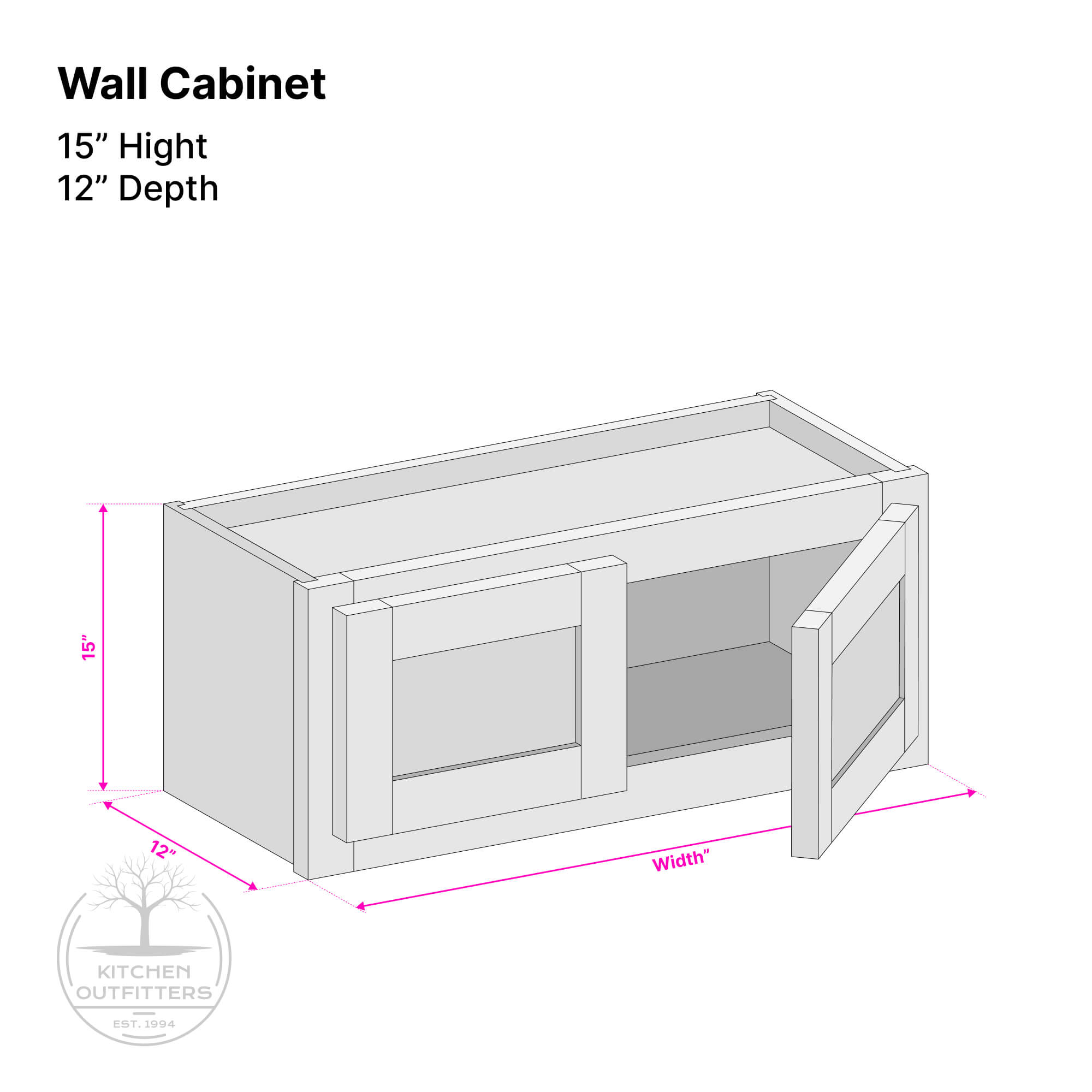 Double door wall cabinet technical drawing – 15 inch height, 12 inch depth, customizable width, face frame construction by Kitchen Outfitters