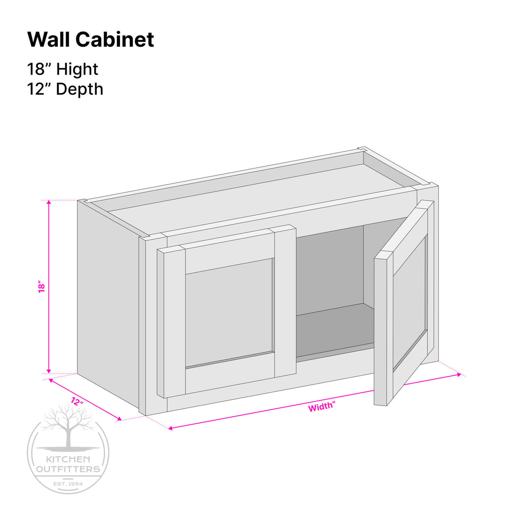 Double door wall cabinet technical drawing – 18 inch height, 12 inch depth, customizable width, solid wood face frame construction by Kitchen Outfitters