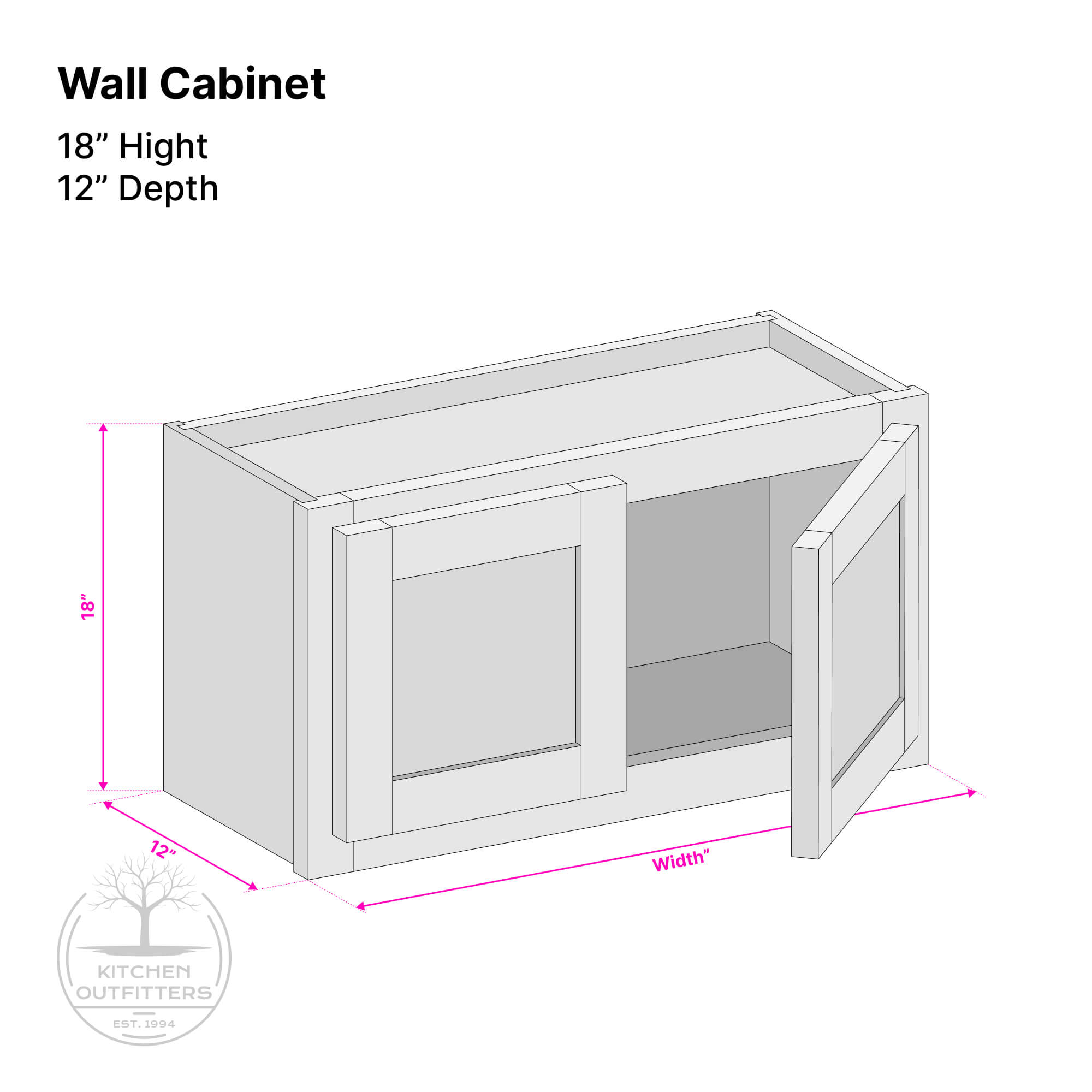 Double door wall cabinet technical drawing – 18 inch height, 12 inch depth, customizable width, solid wood face frame construction by Kitchen Outfitters
