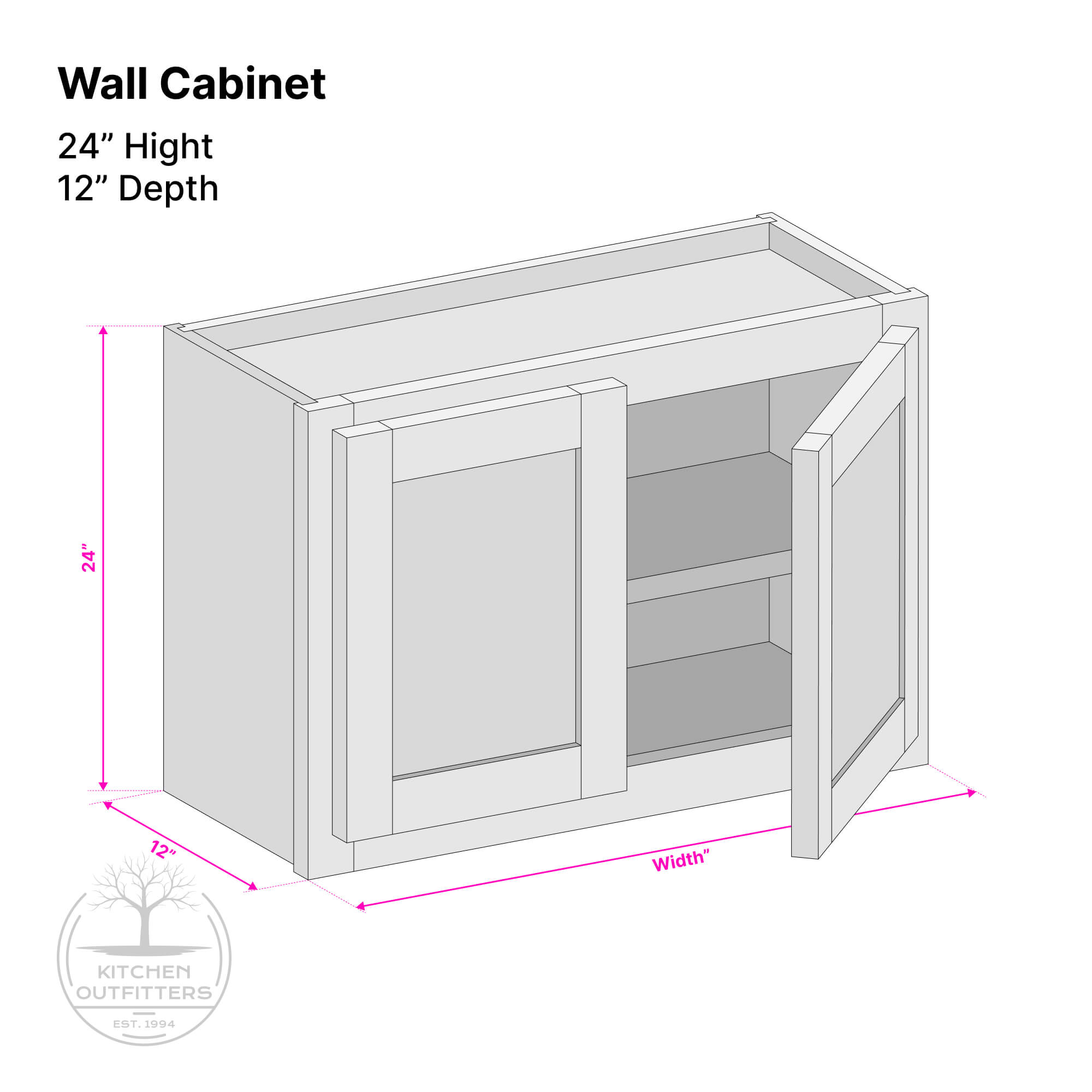 Double door wall cabinet technical drawing – 24 inch height, 12 inch depth, customizable width, solid wood face frame construction by Kitchen Outfitters