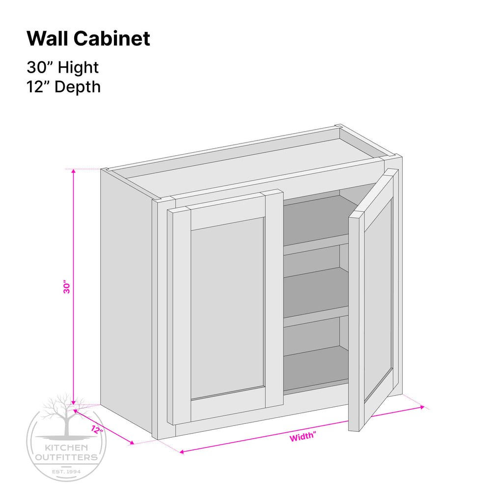 Double door wall cabinet technical drawing – 30 inch height, 12 inch depth, customizable width, solid wood face frame and 1/2 inch plywood box construction