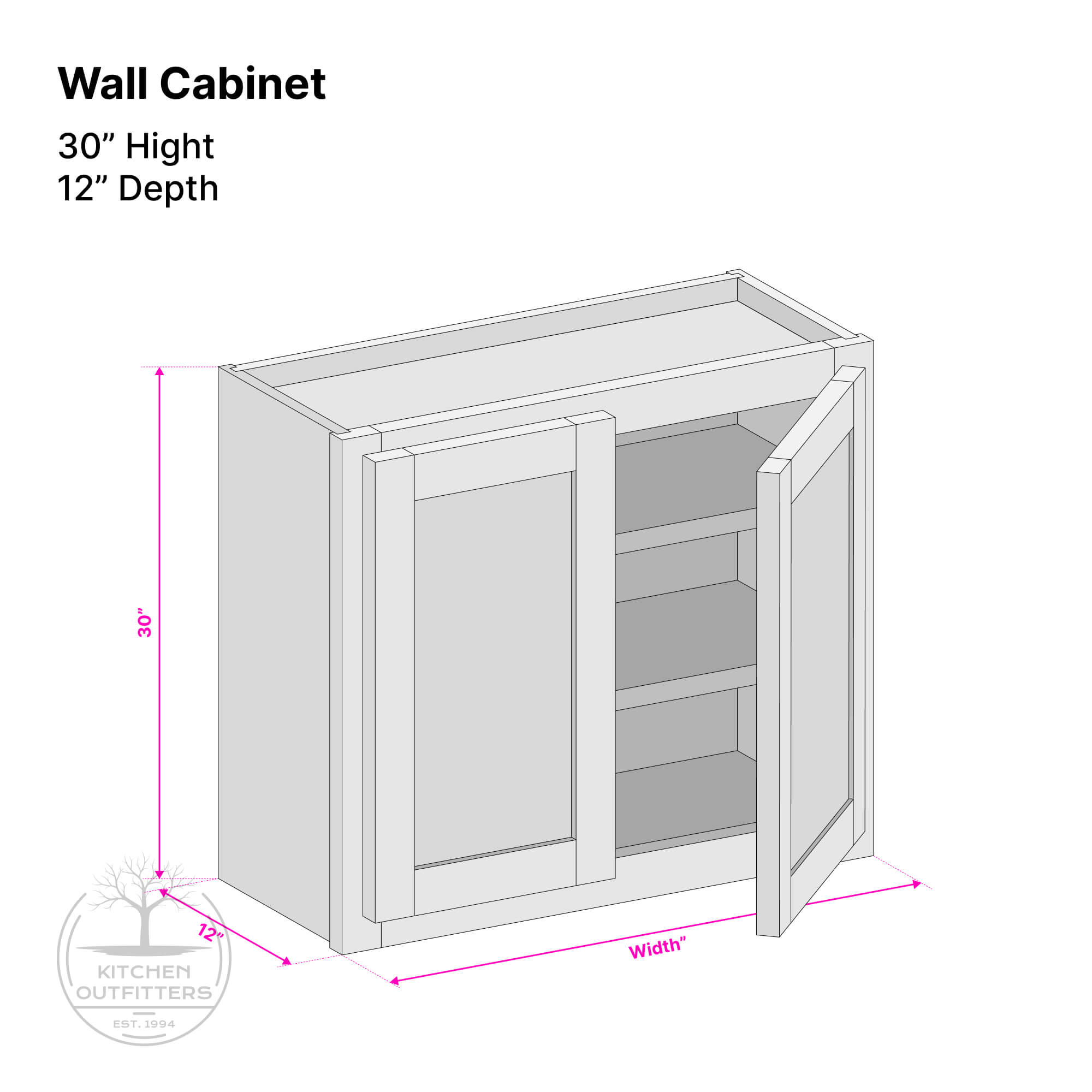 Double door wall cabinet technical drawing – 30 inch height, 12 inch depth, customizable width, solid wood face frame and 1/2 inch plywood box construction