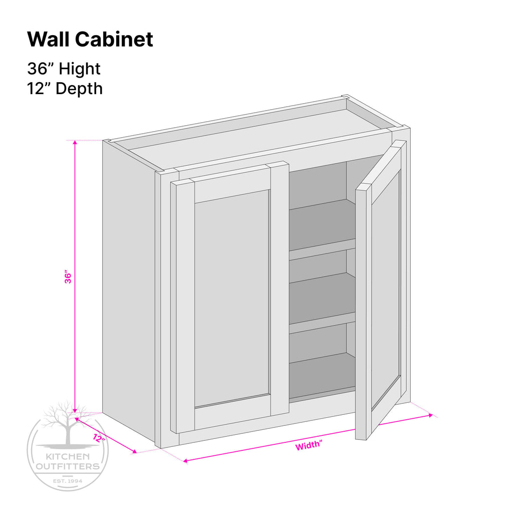 Double door wall cabinet technical drawing – 36 inch height, 12 inch depth, customizable width, solid wood face frame and 1/2 inch UV prefinished birch plywood box