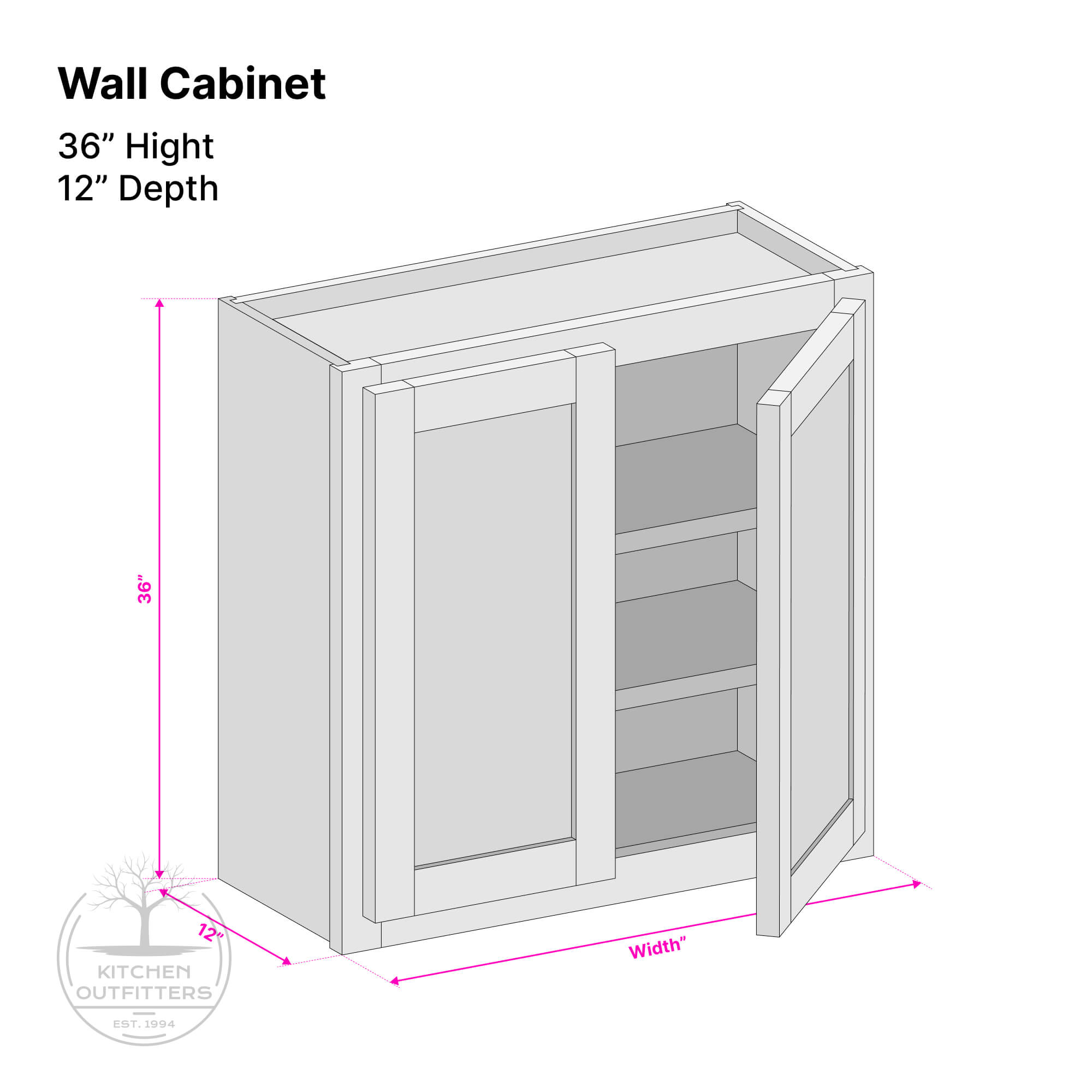 Double door wall cabinet technical drawing – 36 inch height, 12 inch depth, customizable width, solid wood face frame and 1/2 inch UV prefinished birch plywood box