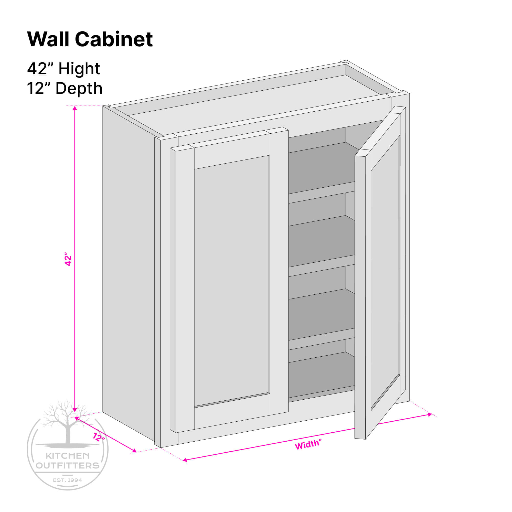 Double door wall cabinet technical drawing – 42 inch height, 12 inch depth, customizable width, solid wood face frame and 1/2 inch UV prefinished birch plywood box