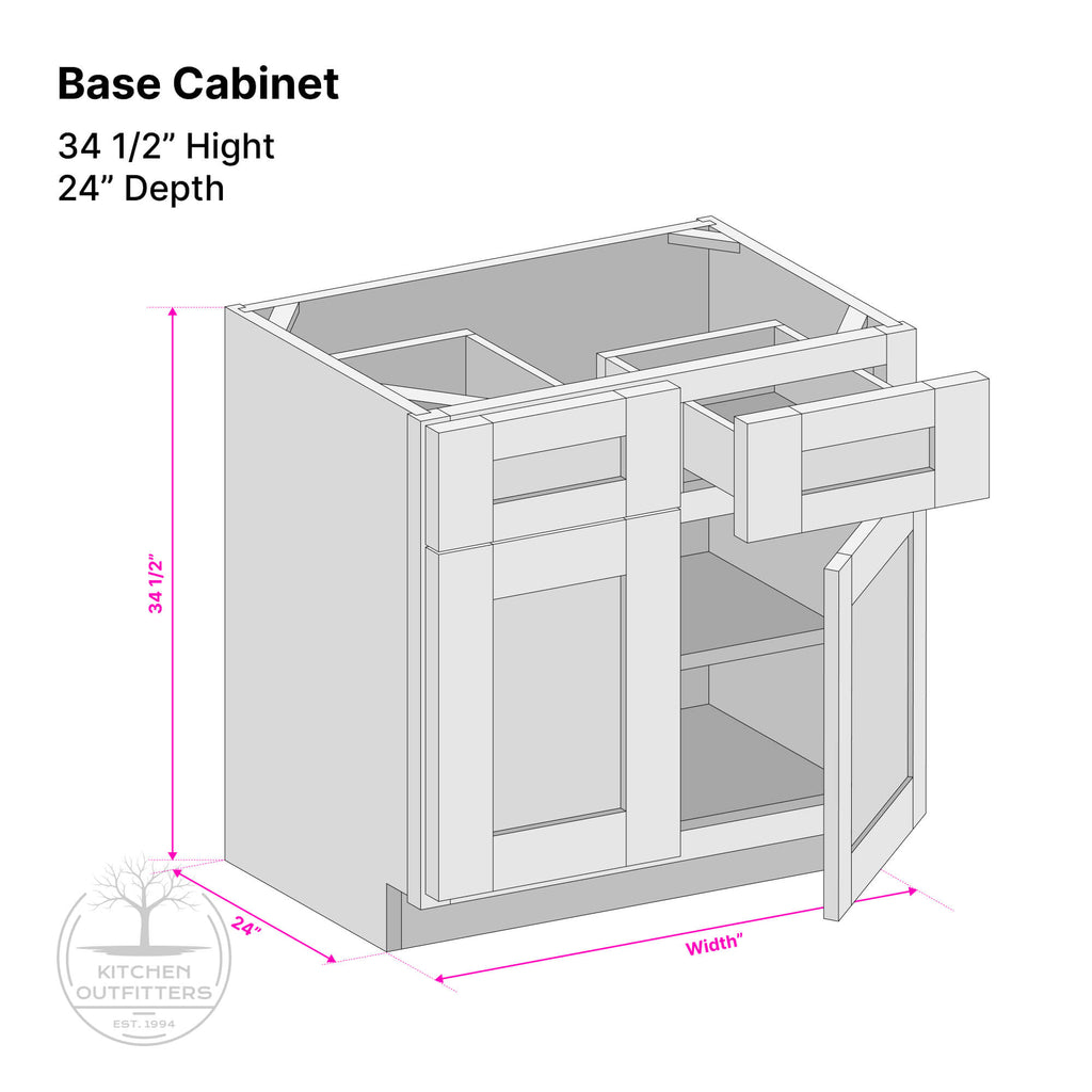Technical drawing of double door base cabinet with drawer showing 34 1/2 inch height, 24 inch depth and labeled width dimension, perspective view with door and drawer positions.