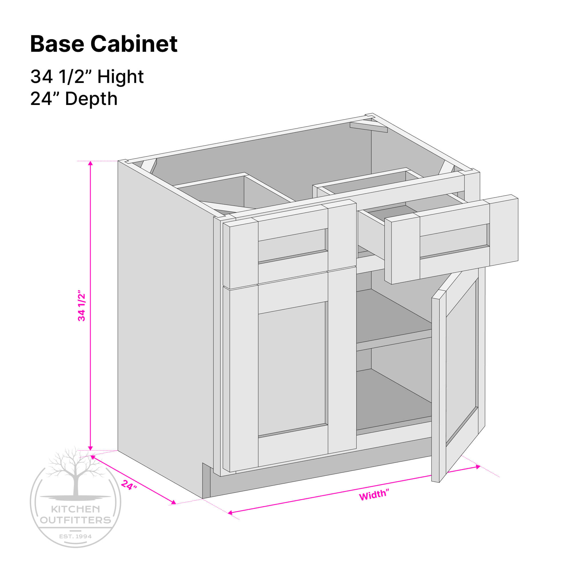 Technical drawing of double door base cabinet with drawer showing 34 1/2 inch height, 24 inch depth and labeled width dimension, perspective view with door and drawer positions.