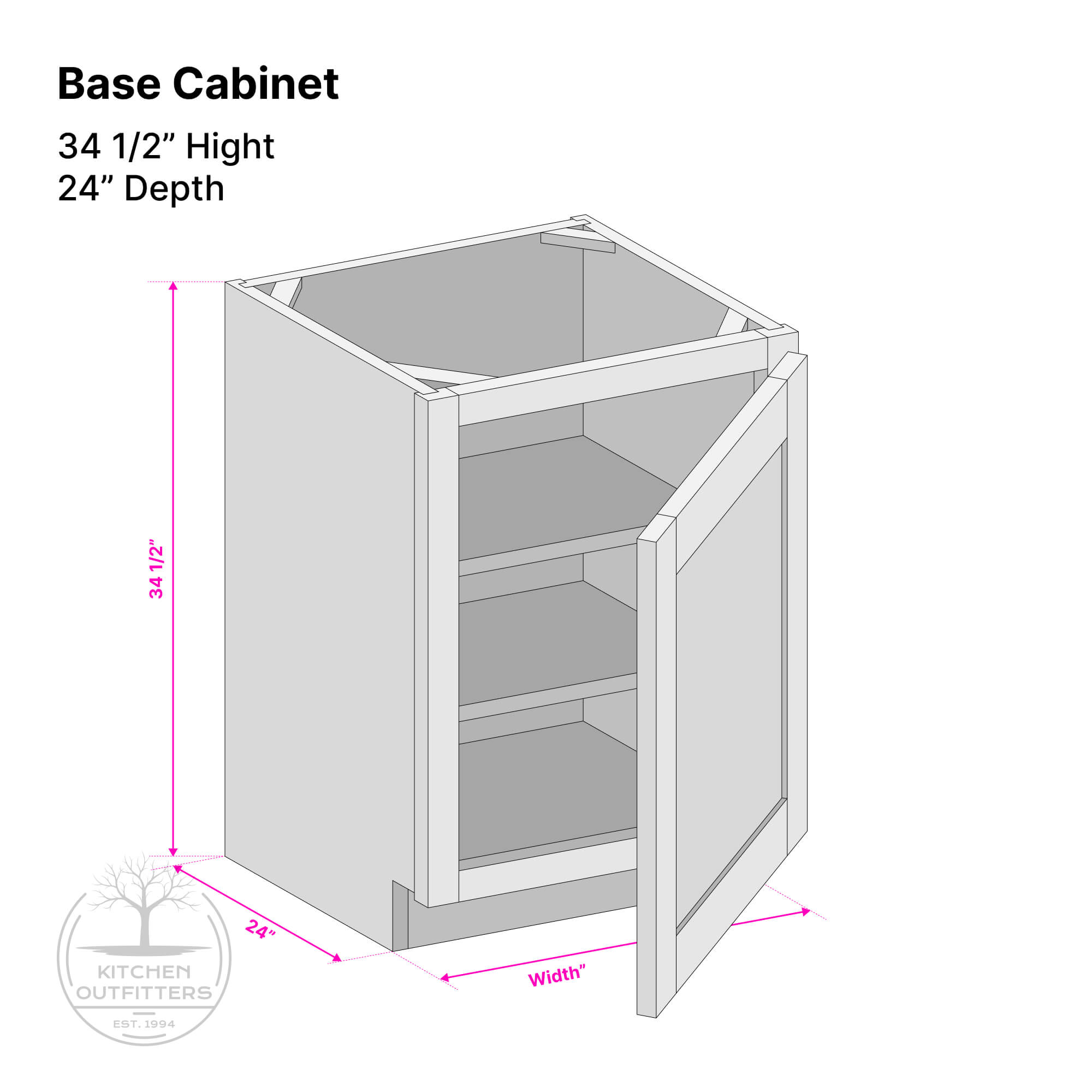 Technical drawing of single door base cabinet showing 34 1/2 inch height, 24 inch depth and labeled width dimension.
