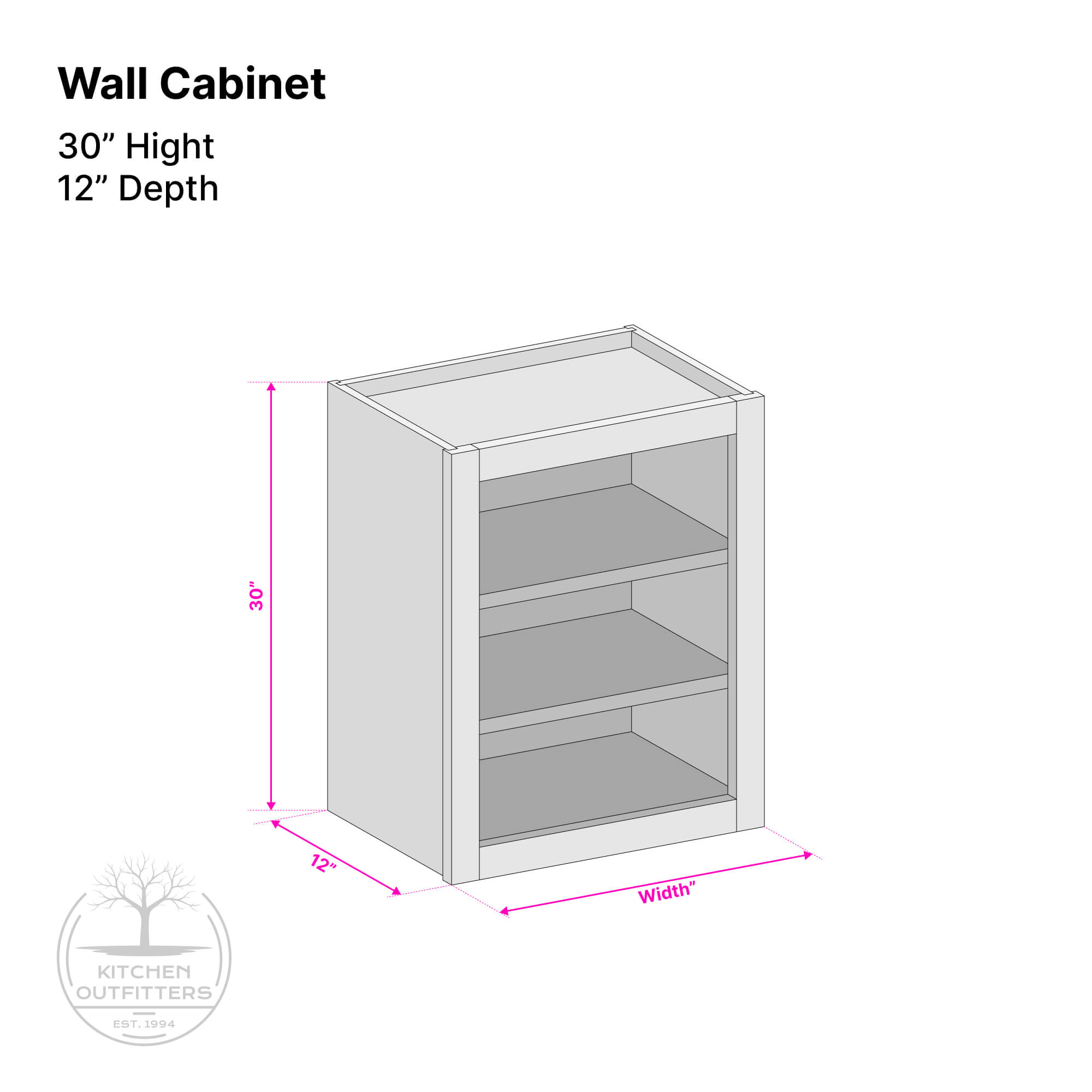 Technical drawing of Shaker wall cabinet showing 30 inch height and 12 inch depth dimensions