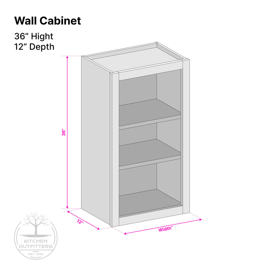 Single door wall cabinet technical drawing – 36 inch height, 12 inch depth, customizable width, face frame construction by Kitchen Outfitters