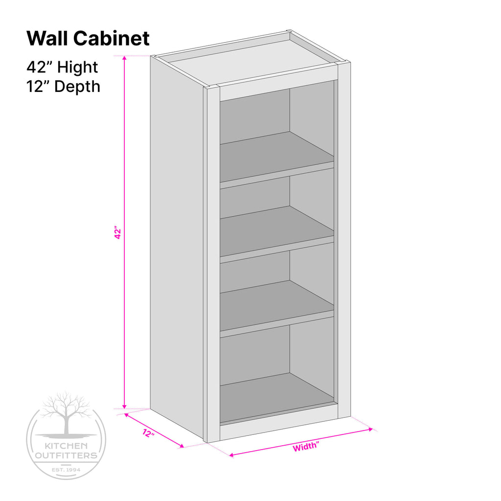Single door wall cabinet technical drawing – 42 inch height, 12 inch depth, customizable width, face frame construction by Kitchen Outfitters
