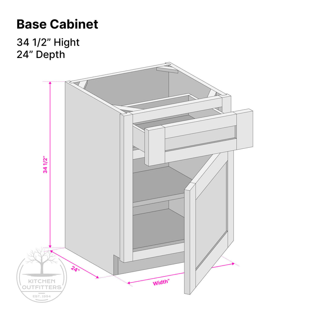 Technical drawing of single door base cabinet with drawer, 34 1/2 inch height, 24 inch depth and labeled width.