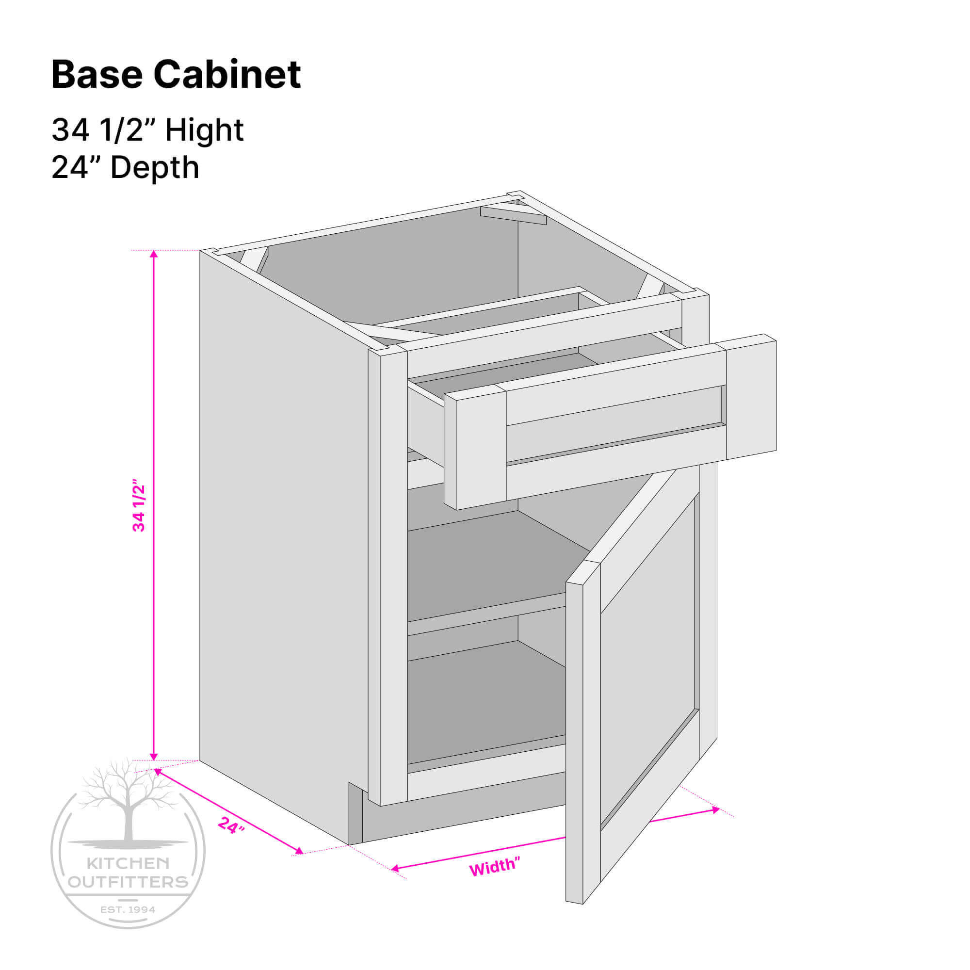 Technical drawing of single door base cabinet with drawer, 34 1/2 inch height, 24 inch depth and labeled width.