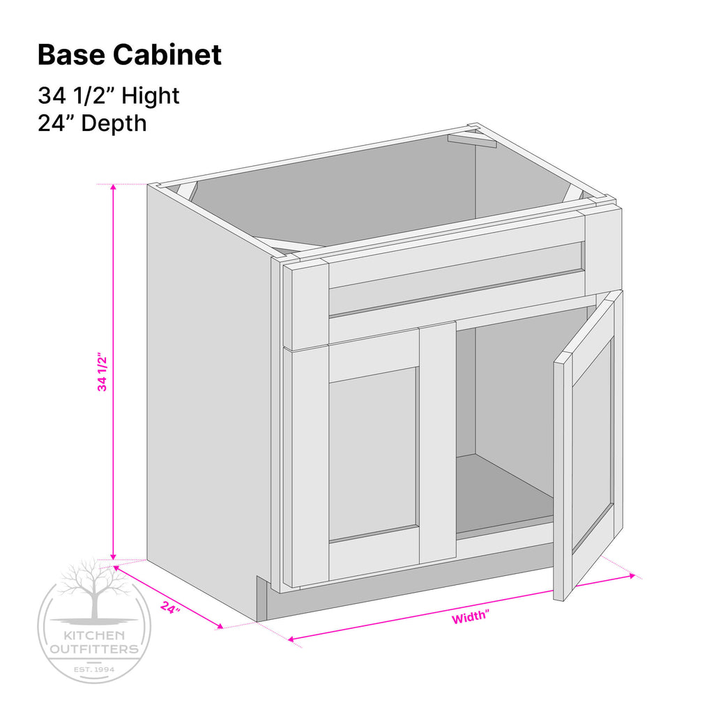 Technical drawing of base sink cabinet showing 34 1/2 inch height and 24 inch depth dimensions, front perspective view with labeled width, depth and height measurements.