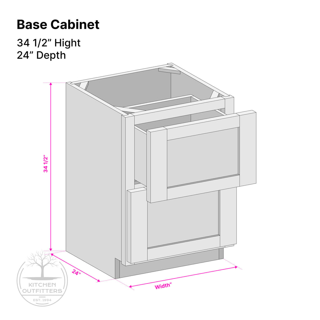 Technical drawing of two-drawer base cabinet with labeled 34 1/2 inch height and 24 inch depth.