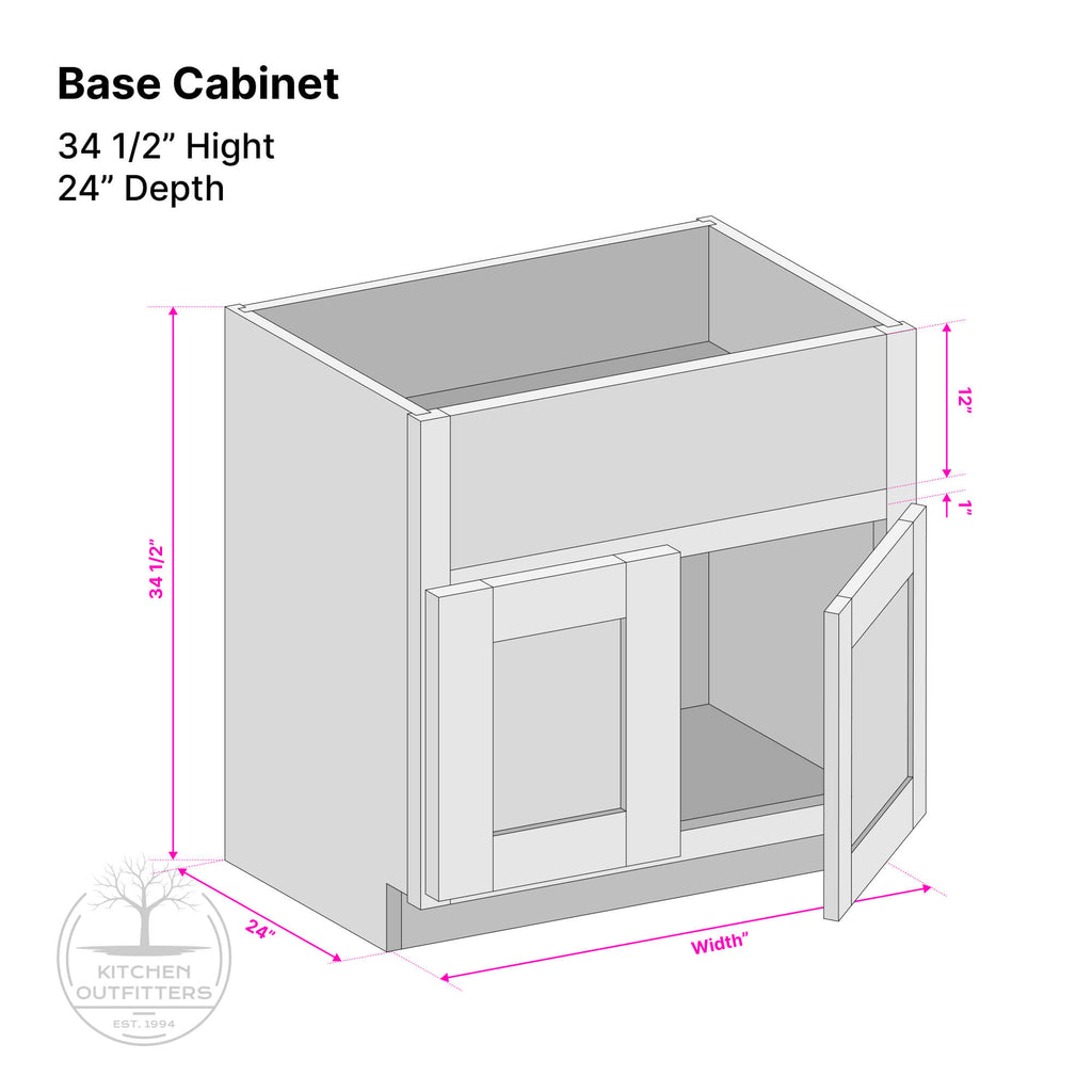 Technical drawing of farmhouse sink base cabinet showing apron cutout, 34 1/2 inch height and 24 inch depth.