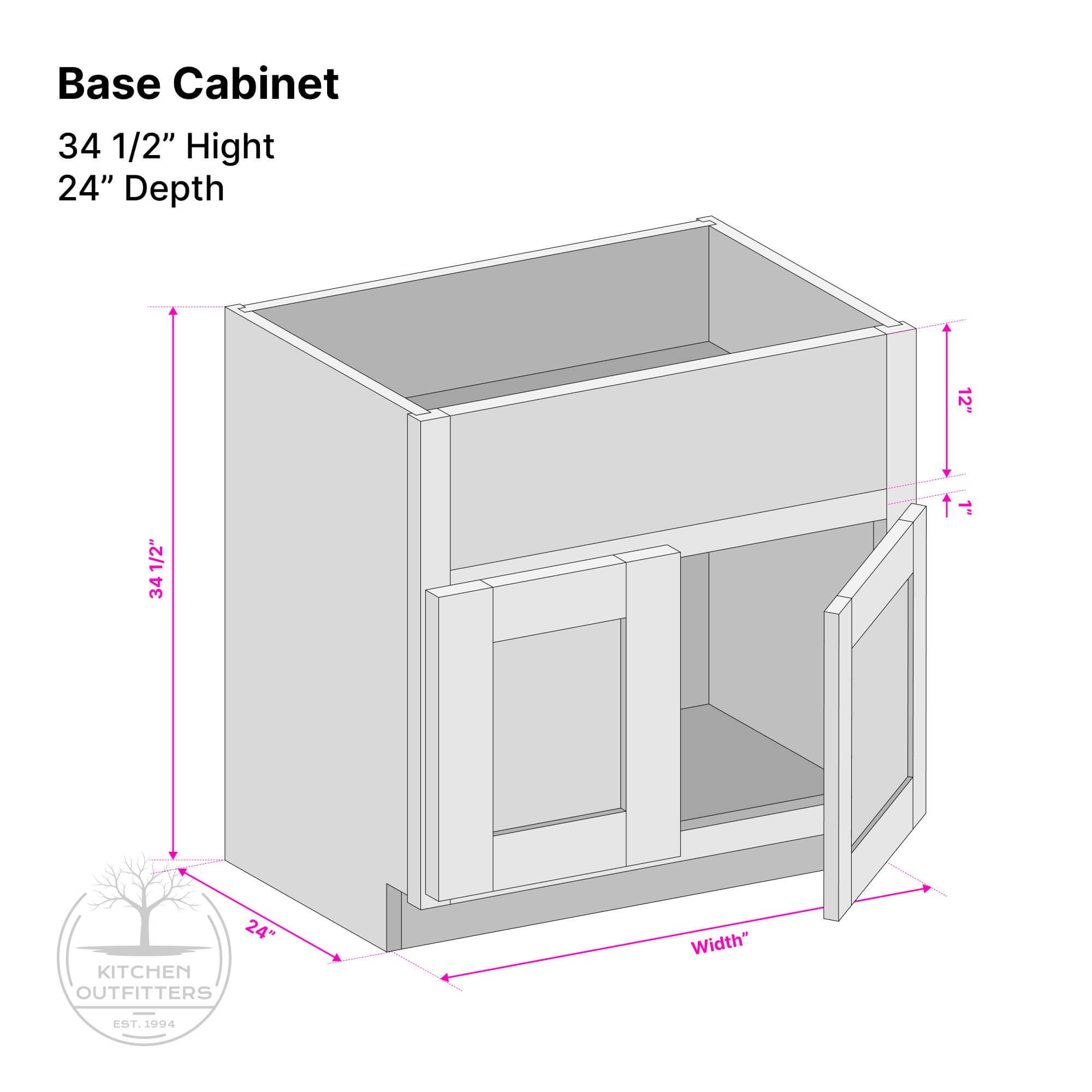 Technical drawing of farmhouse sink base cabinet showing apron cutout, 34 1/2 inch height and 24 inch depth.