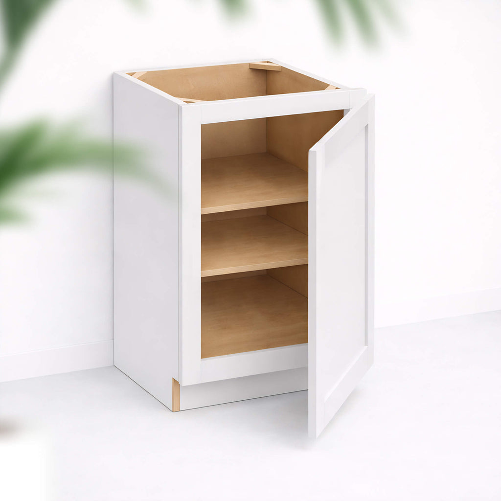 Base cabinet with single Shaker door partially open, 34 1/2 inch height and 24 inch depth, white finish, standard base configuration.