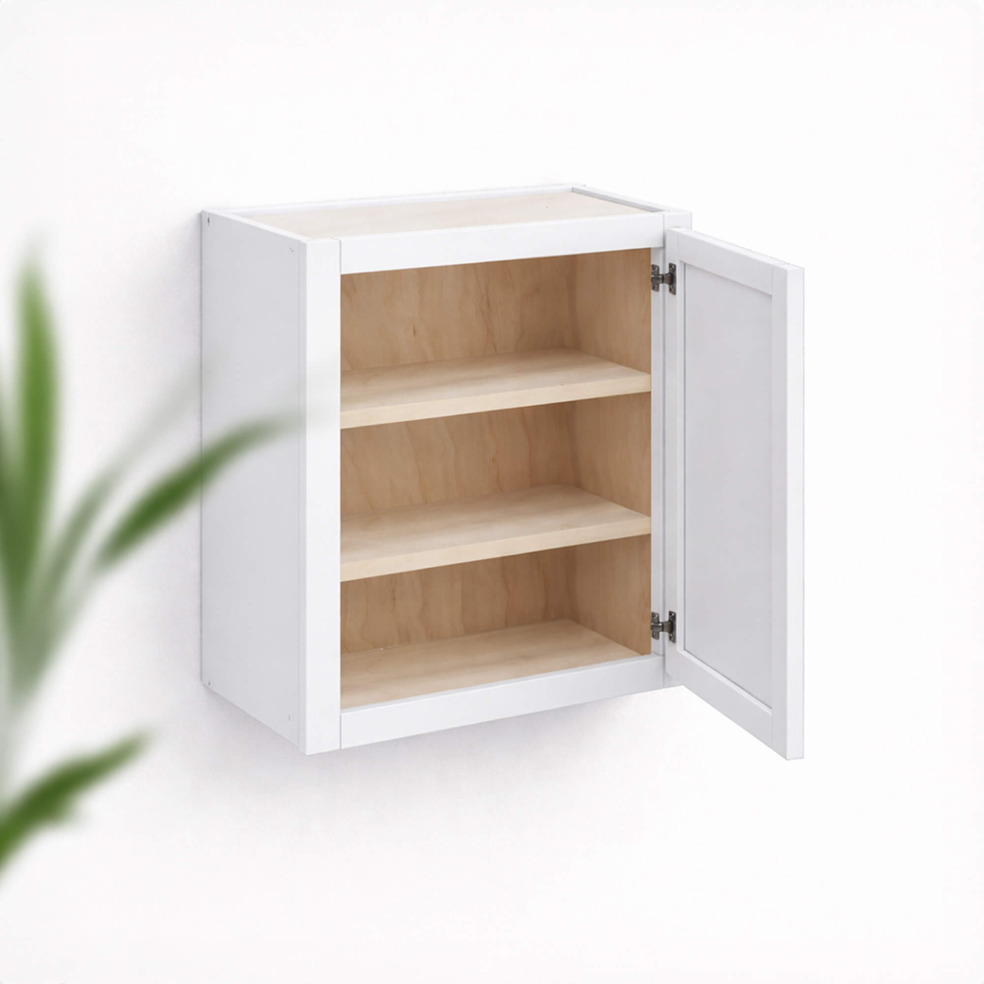 White Shaker single-door wall cabinet 30 inches high and 12 inches deep with open door and interior shelves