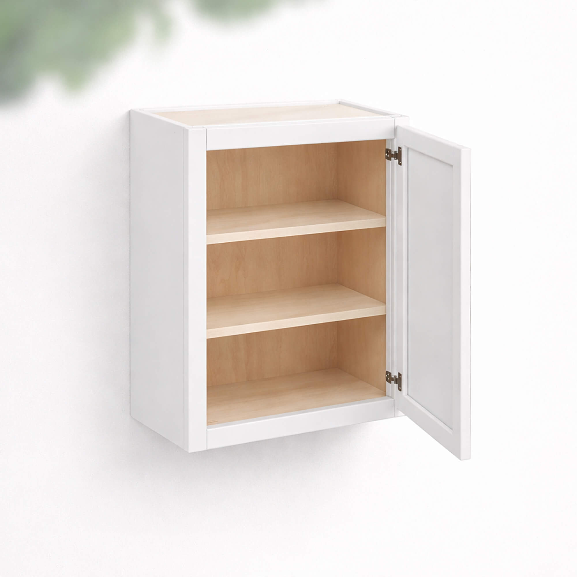 White single door wall cabinet 36 inch height and 12 inch depth with solid wood face frame, plywood interior and adjustable shelves